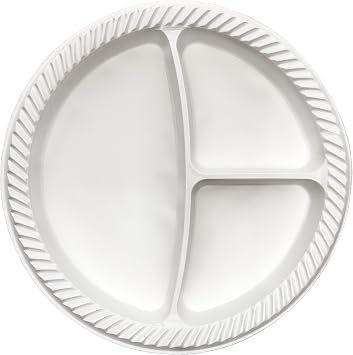 Tiger Chef Round 10 inch Plastic 3 Compartment Divided Plates, 64-Pack, White, Disposable Dinner Picnic Party Plates Set, BPA-Free