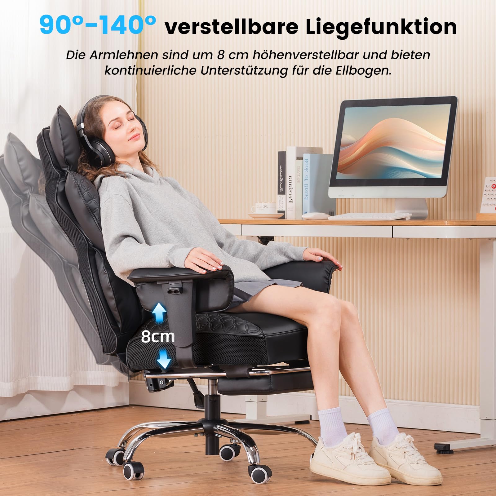 COMHOMA Gaming Stuhl, ergonomischer Bürostuhl, Schreibtischstuhl mit verstellbare Armlehnen, Taschenfederkern-Lendenwirbelstütze für große und hohe Personen, 180 kg, breiter Sitzfläche, schwarz