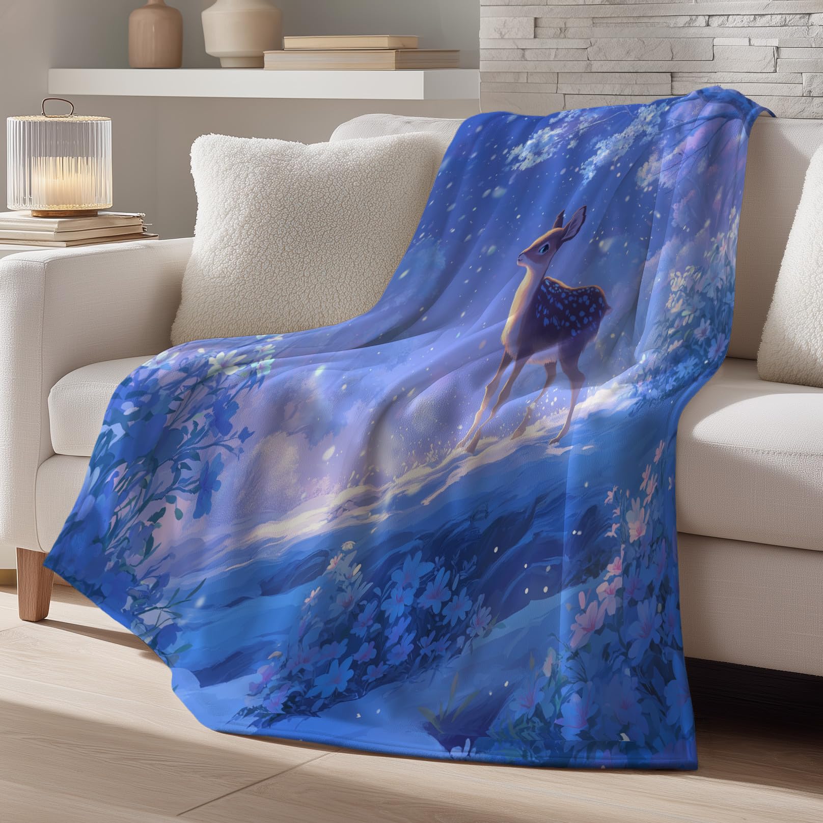 Genérico Lodowy niebieski miękki puszysty koc, flanelowy ciepły koc polarowy z nadrukiem, anime marzony jeleń gruby przytulny lekki koc na łóżko sofa krzesło 220 x 270 cm