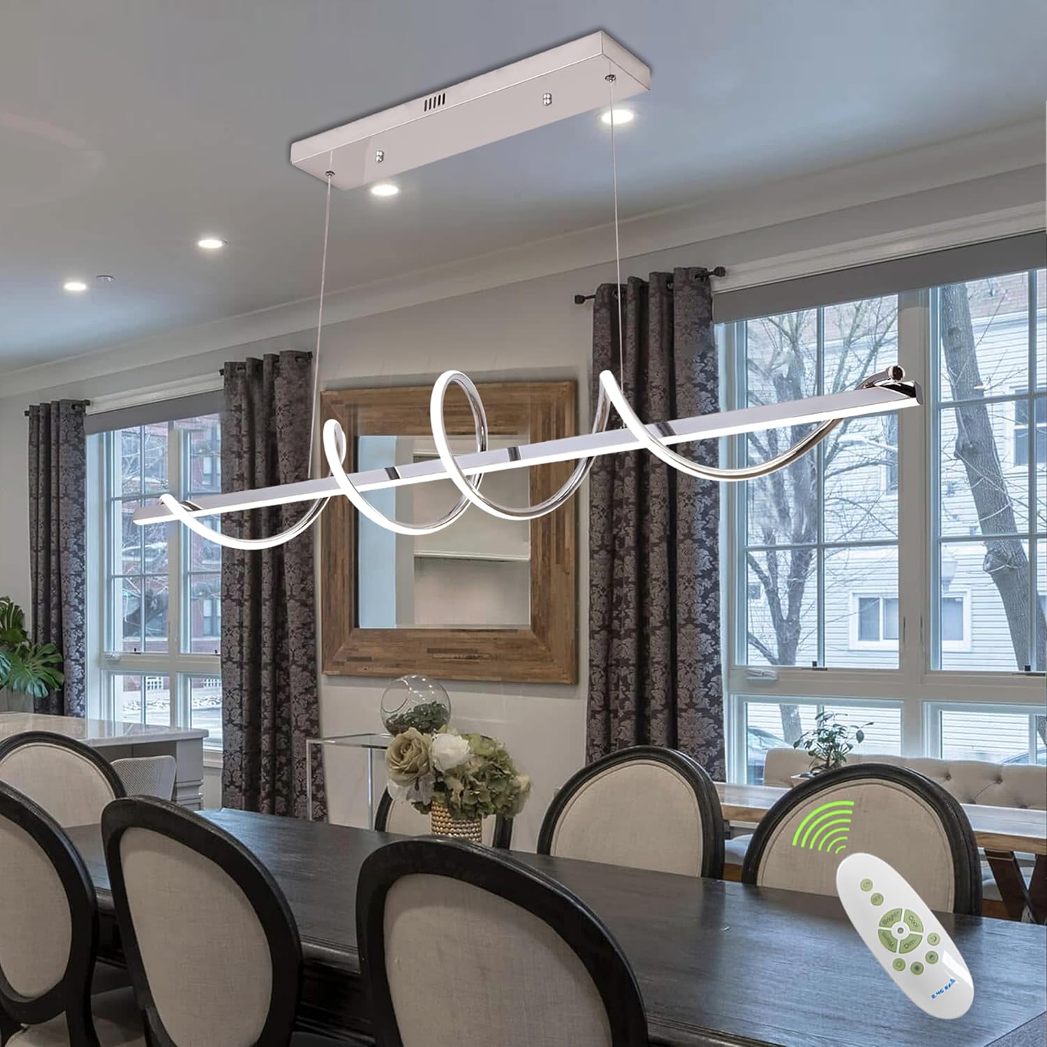 Modern LED Pendant Light for Kitchen Island Lighting,Dimmable Modern Chandelier Color Changing Dining Room Chandelier Light Fixture Creative Twisted into Beautiful Shape in Electroplated Chrome Electrochrome Silver 39.4in