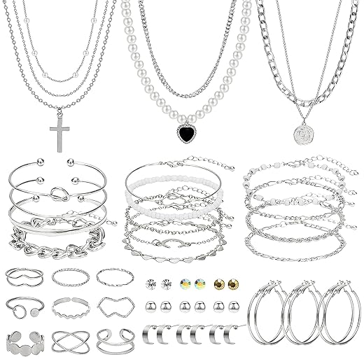 NEWITIN 49 Pieces Gold Jewelry Set for Women Fashion Costume Jewelry Gold Plated Necklace Bracelet Ring Earrings Set for Women
