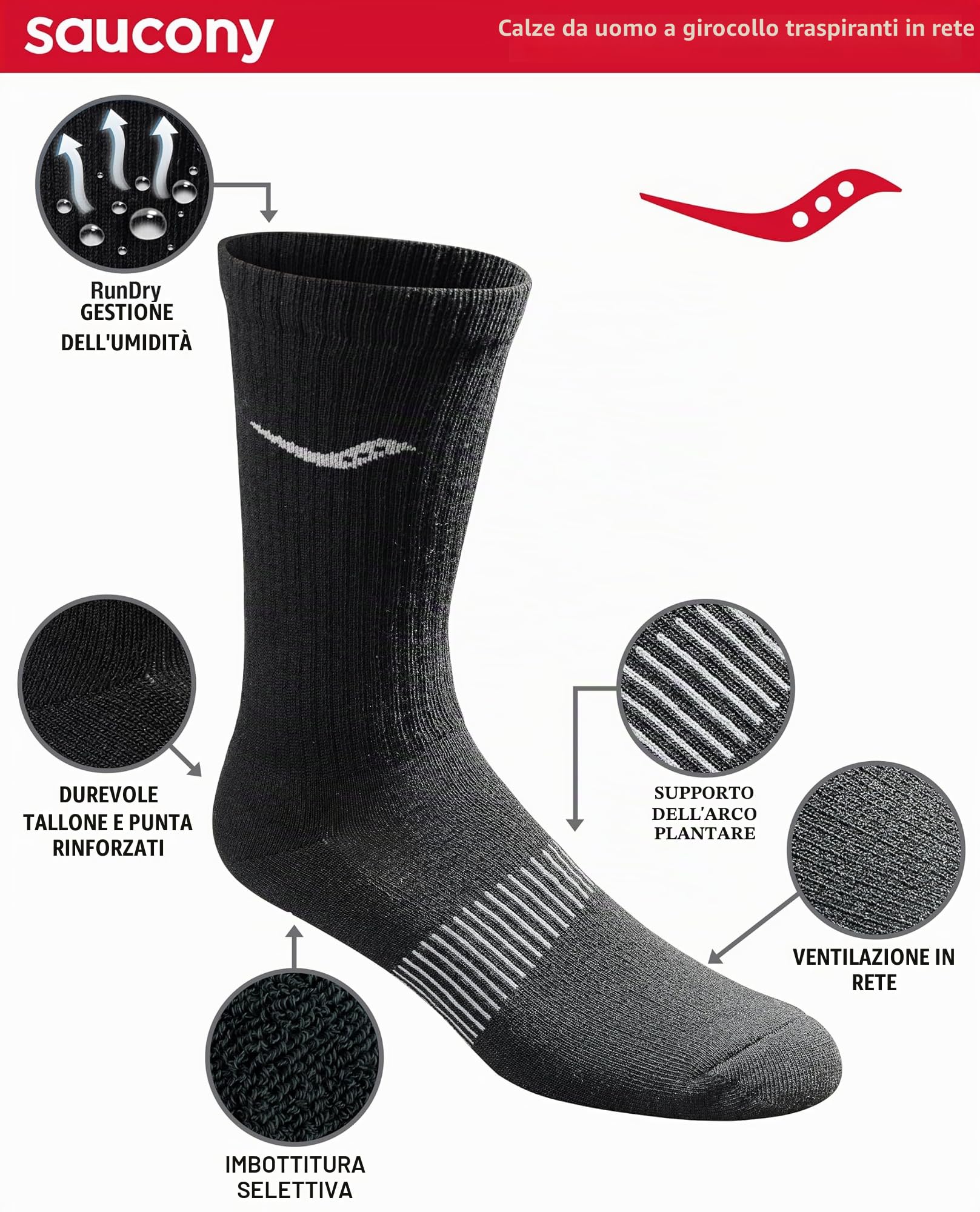 Saucony Confezione Multipla Di Calzini A Rete Ventilati Comfort Fit Performance Crew Socks Calzini Uomo (Pacco da 3)