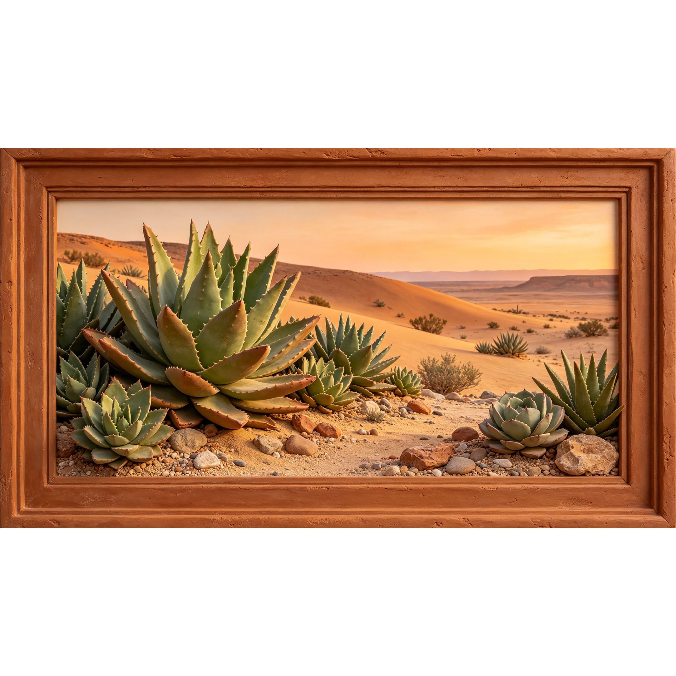 QZLITHOTIC 50×100cm 3D Framed Wall Art， Desert Succulent Landscape Self?Adhesive Mural， Water?Activated Peel & Stick Fabric Decor Wall Decal for Bedroom Living Room