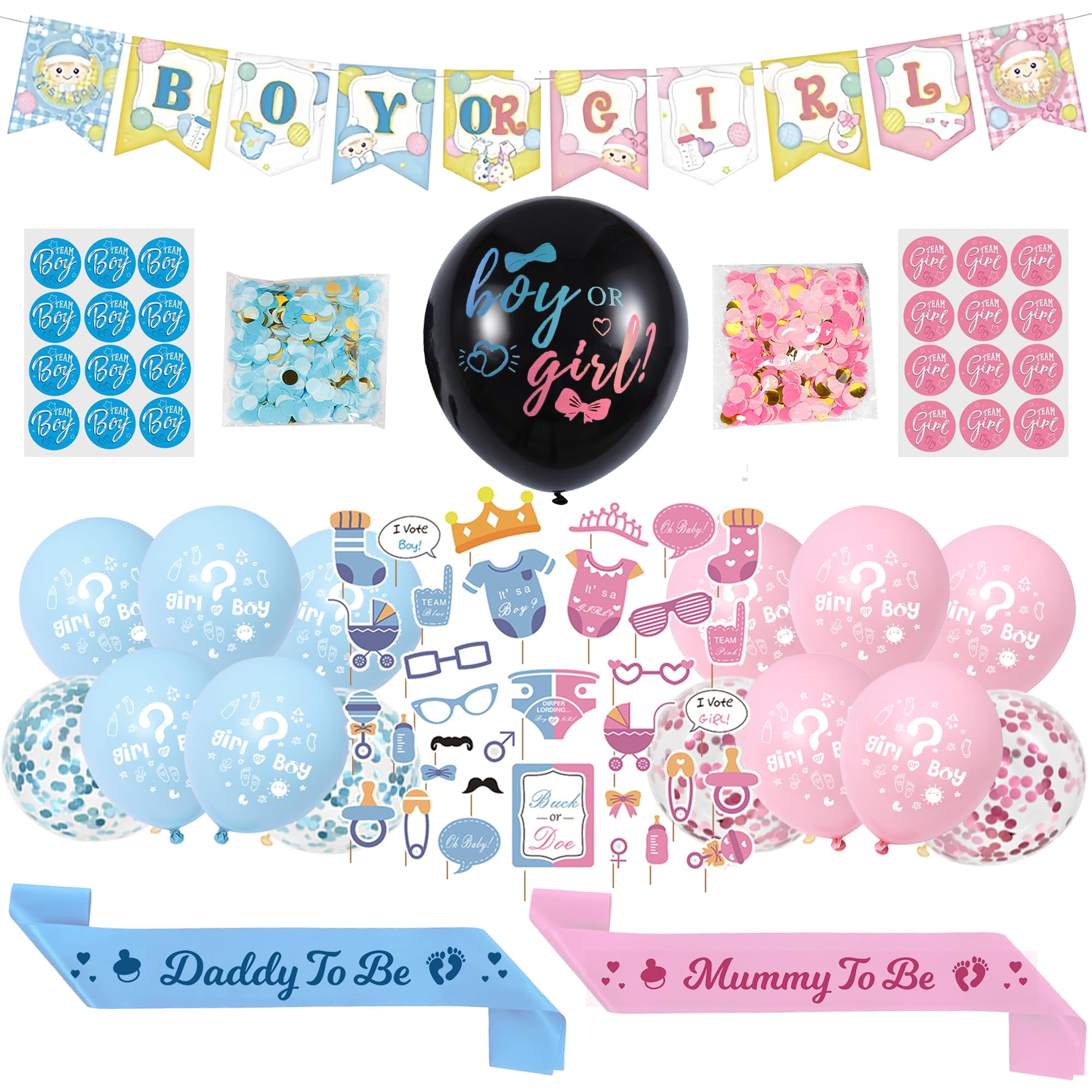 Baby Gender Reveal Decoration Balloons - Pink Blue Boy or Girl Banner Set with Voting Game Stickers, Photo Props Daddy and Mummy to Be Sash for Baby Shower Party Supplies