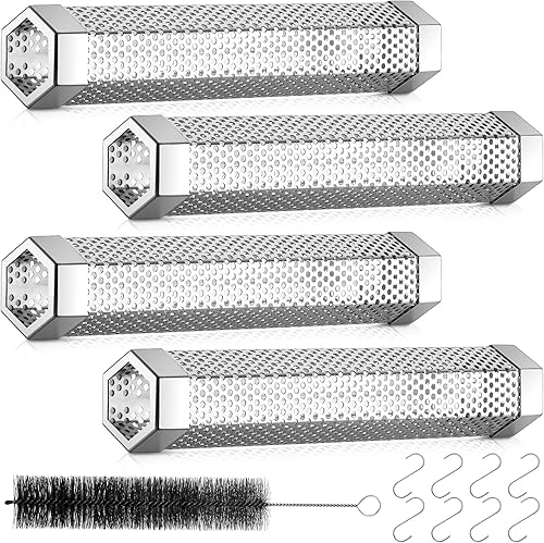 4 tubos para ahumador de pellets de acero inoxidable de 12 pulgadas, tubo de pellets de madera para ahumar con cepillo de limpieza y 8 ganchos en