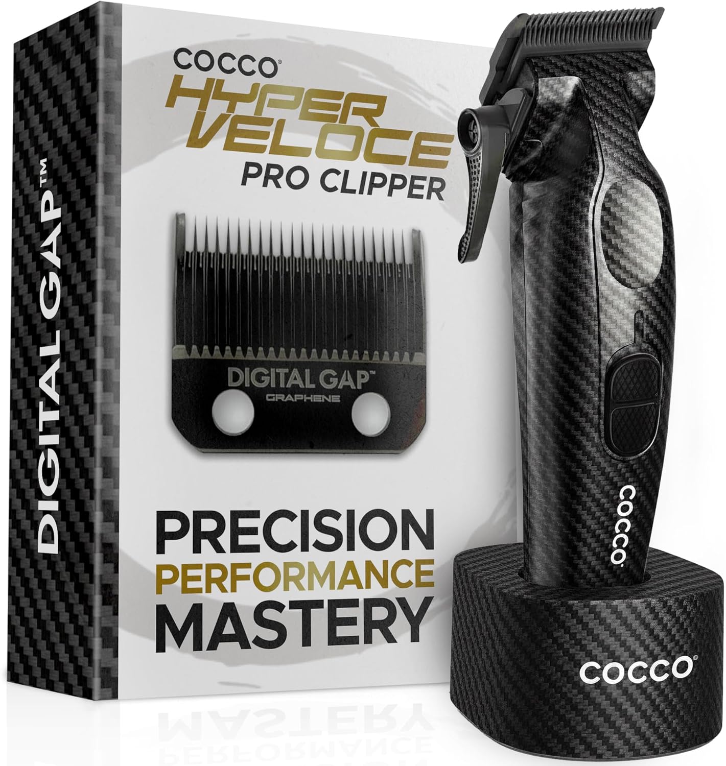 Cocco Hyper Veloce Pro Clipper, Digital Gap Ambassador Graphene Taper Blade Professional Hair Clippers, High-Torque BLDC Motor, All-Metal, Cordless, Charging Station Included (Carbon Fiber)