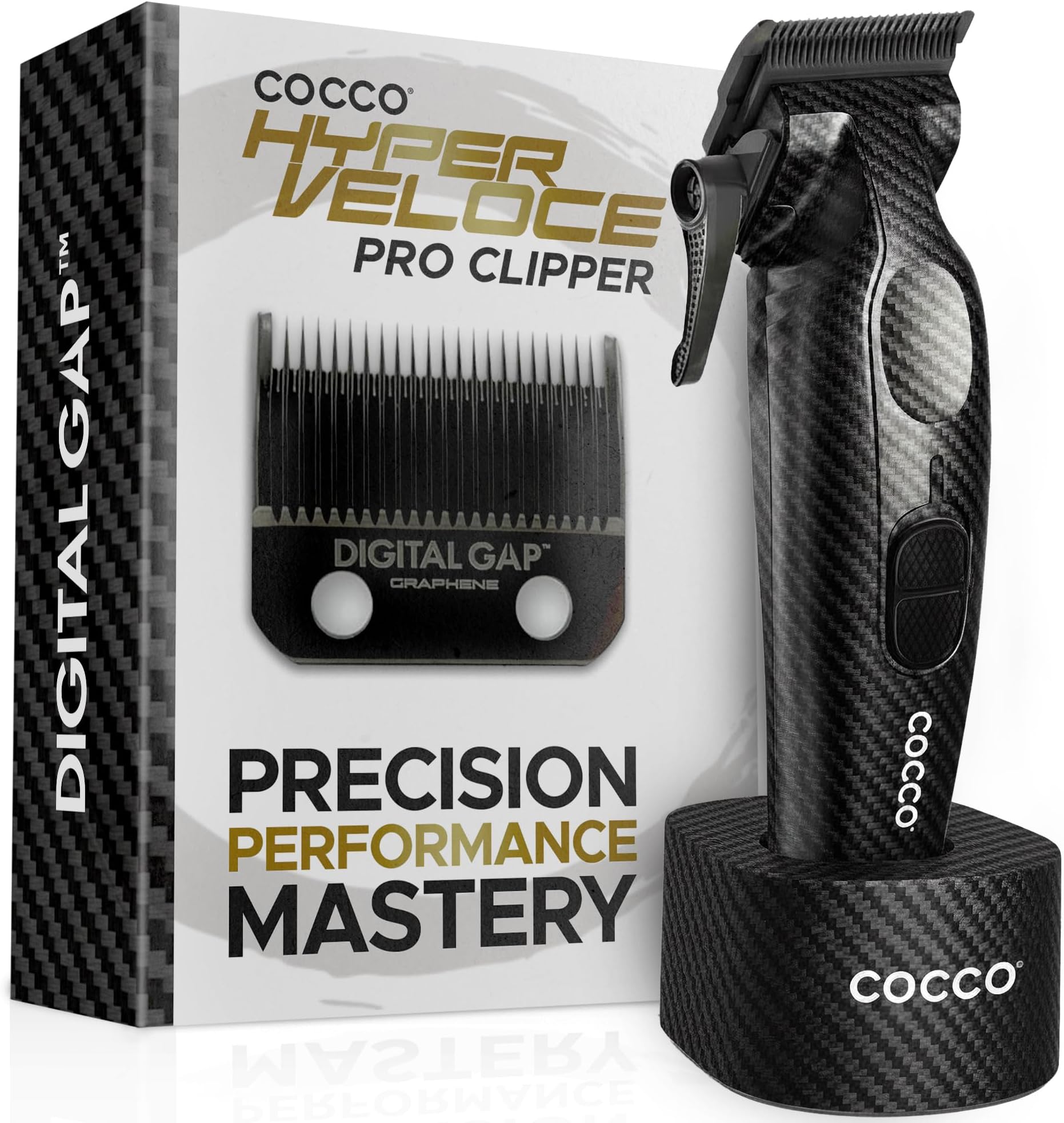 Hyper Veloce Pro Clipper, Digital Gap Ambassador Graphene Taper Blade Professional Hair Clippers, High-Torque BLDC Motor, All-Metal, Cordless, Charging Station Included (Carbon Fiber)