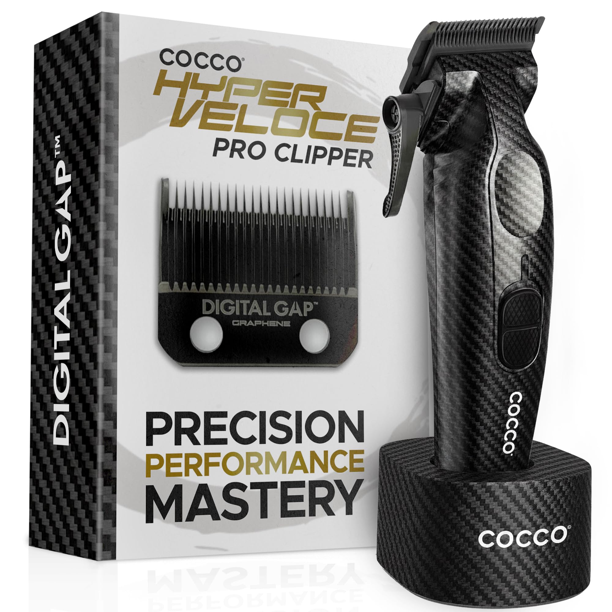 Hyper Veloce Pro Clipper, Digital Gap Ambassador Graphene Taper Blade Professional Hair Clippers, High-Torque BLDC Motor, All-Metal, Cordless, Charging Station Included (Carbon Fiber)
