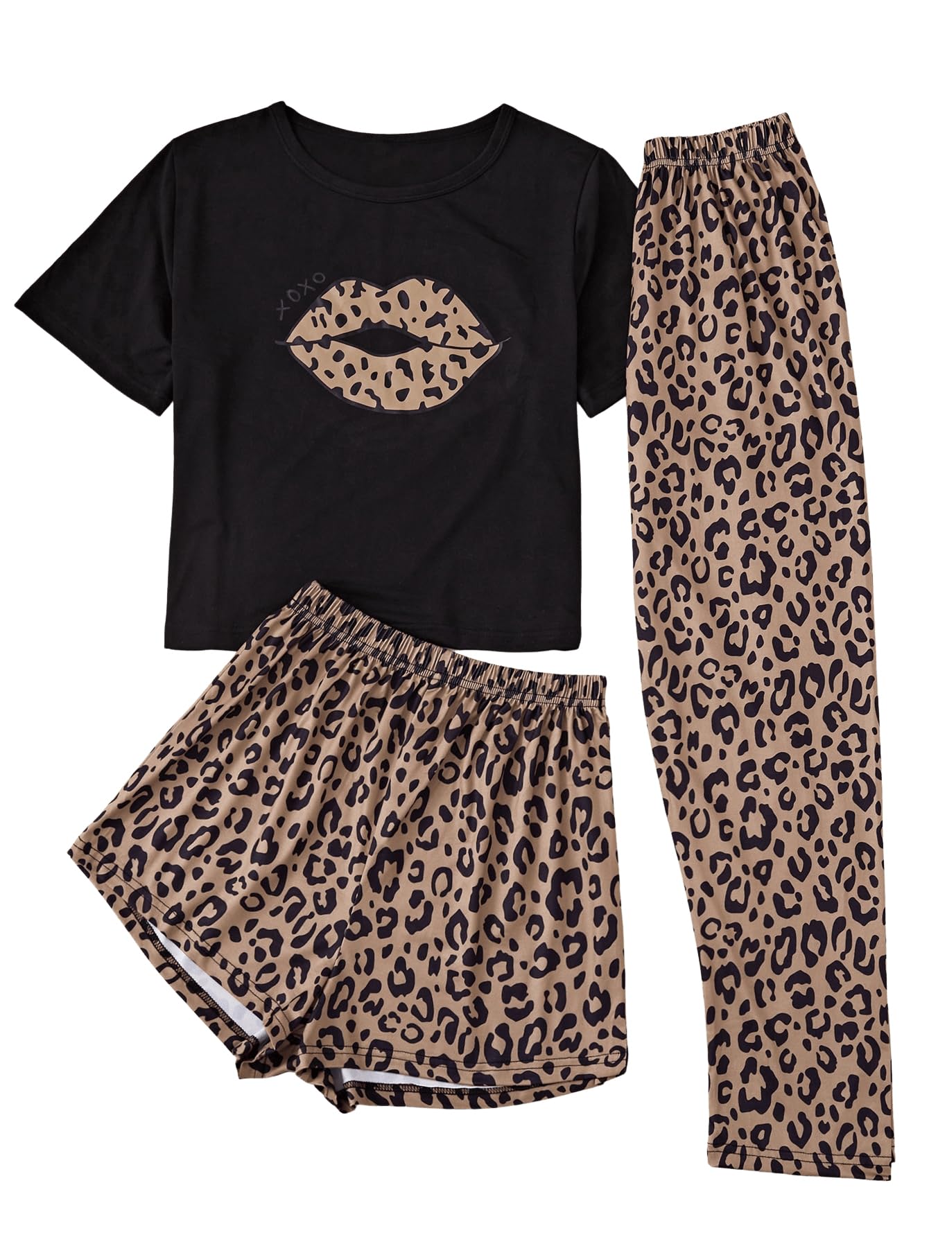 GORGLITTER Pyjama Set 3 Teilig Damen Leopard Schlafanzug Tshirt Und Hose Set Nachtwäsche Short Mit Tshirt Hausanzug Schlafwäsche