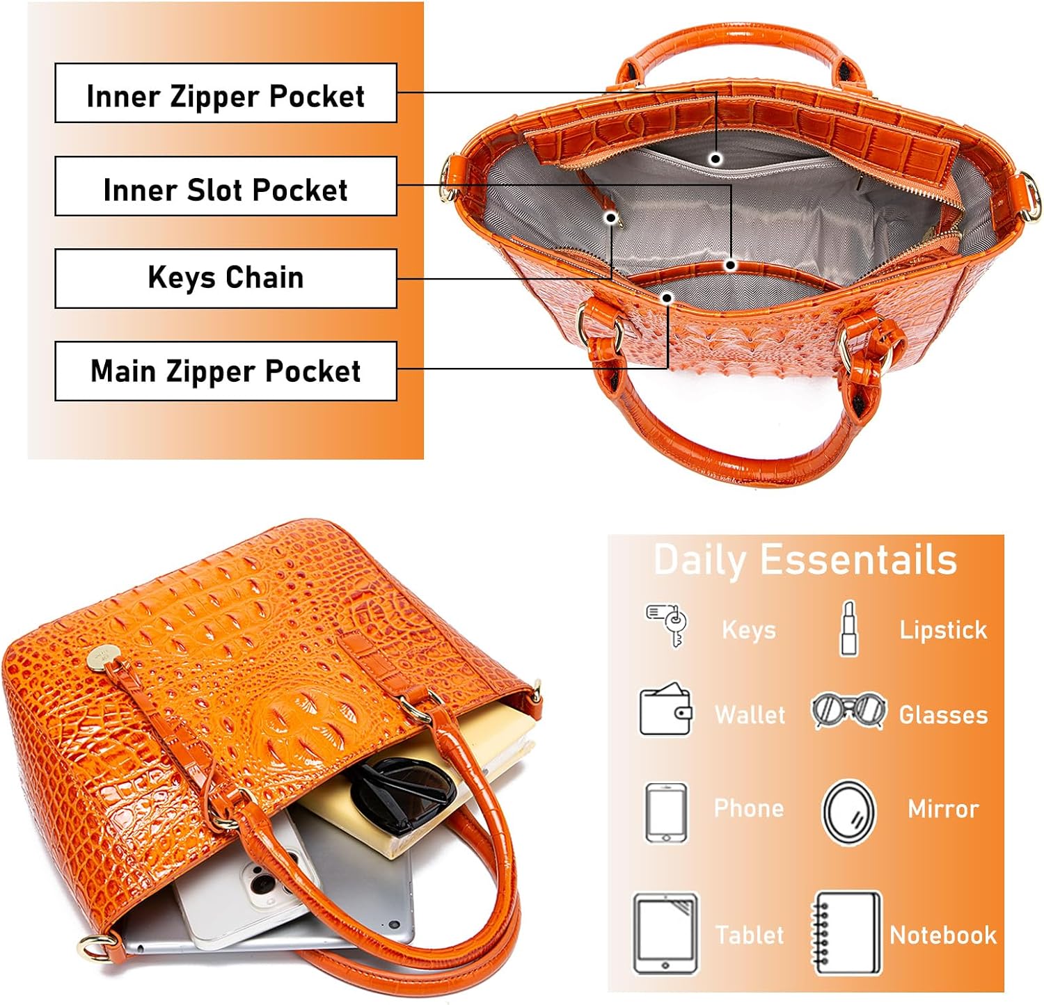 Ladies Tote Leather Bags for Women Crocodile Embossed Zipper Satchel Purse Elegant Compartments Crossbody Work - Image 4