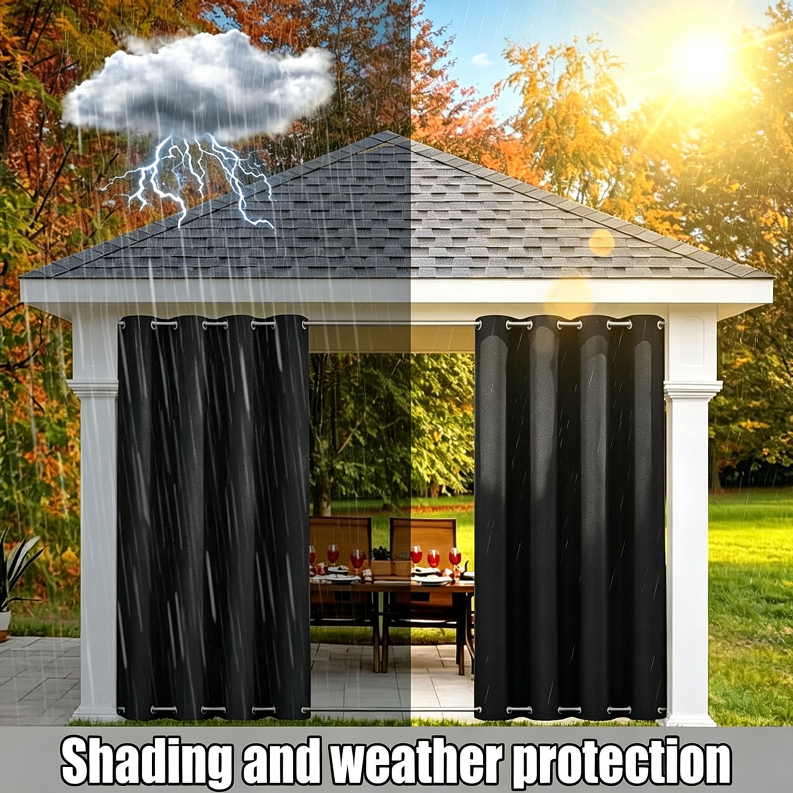 Outdoor Vorhang 132 x 245 cm Wetterfest Wasserdicht Sichtschutz Sonnenschutz Gardinen Garten Winddicht Outdoor-Vorhang Wetterfest für Garten Balkon, Schwarz