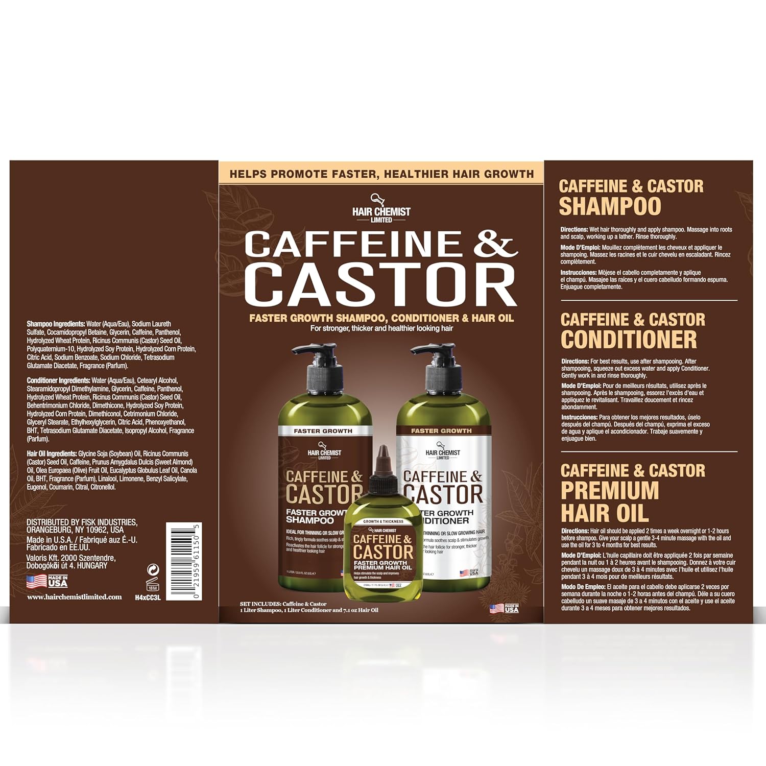 Hair Chemist Caffeine & Castor Large Shampoo/Conditioner/Hair Oil 3-PC Boxed Gift Set - Sulfate Free Shampoo & Conditioner for Growth