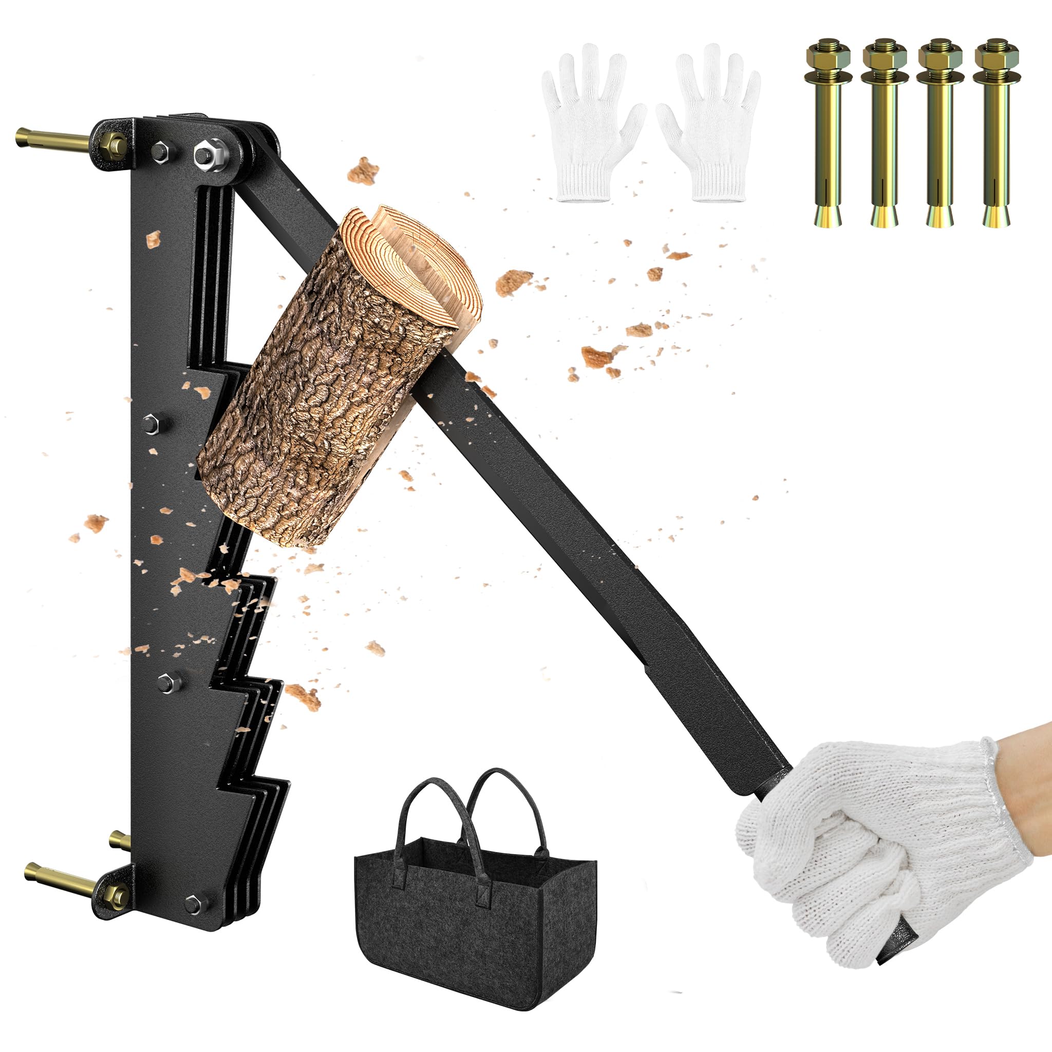 Holzspalter Manuell zur Wandmontage Handholzspalter Anzündholz Spalter Brennholzspalter Wood Splitter Spalter Holz Wandhalterung für Klein & Anzündholz inkl. Handschuhen und Filzkorb