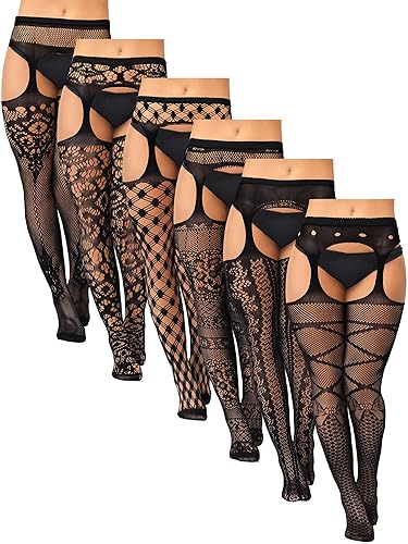 Jadive 6 Pairs Women Plus Size Fishnet Thigh High Stockings Suspender Garter Belt Lingerie Pantyhose Tights Fits XL-XXXXL