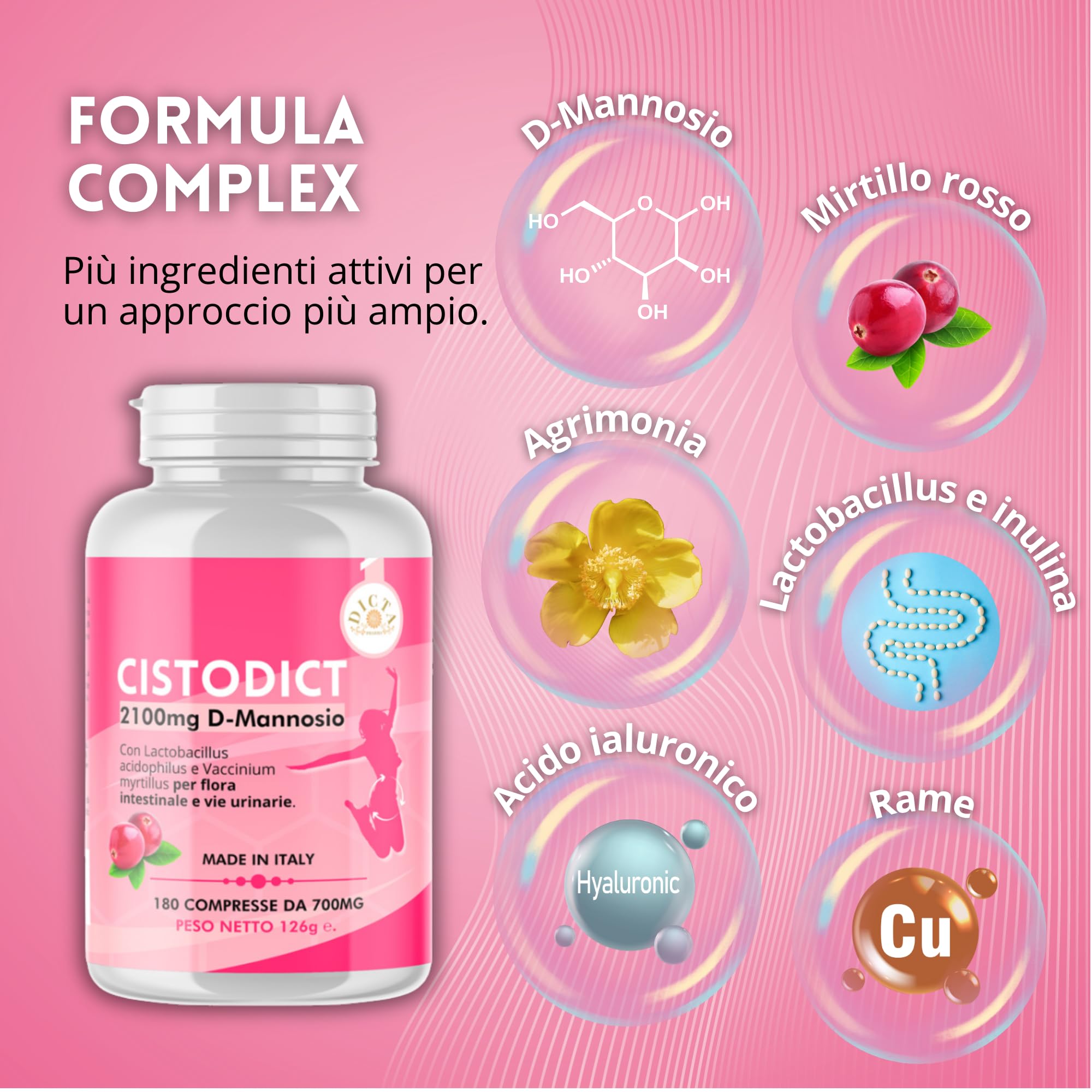 D Mannosio Puro Cistite 2100mg per Vie Urinarie Donna 180cpr - con Mirtillo Rosso, Agrimonia, Lactobacillus e Inulina, Acido Ialuronico e Rame