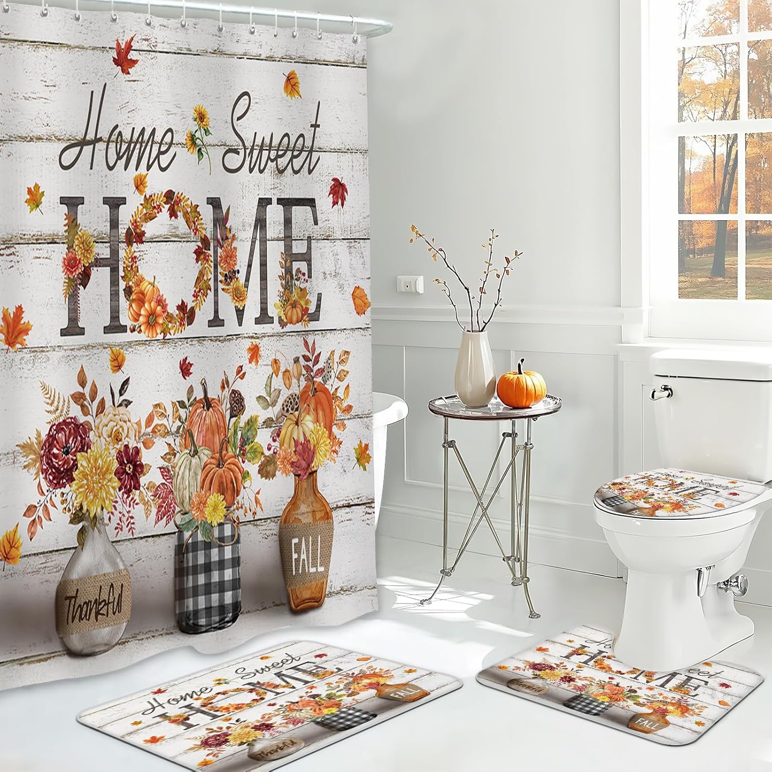 MEHOFOND 4pcs Fall Pumpkin Shower Curtain Set,Autumn Thanksgiving Shower Curtain Set,Maple Leaf Floral Rustic Wood Home Sweet Home Bathroom Decor,Thanksgiving Holiday Curtains with Hooks 72x72 in