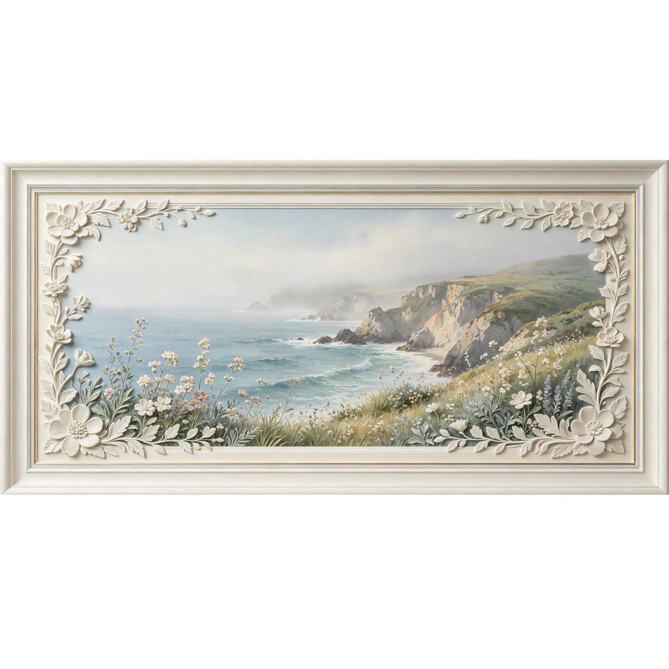 Agglomerix 3D Framed Wall Art Coastal Landscape Ocean Cliff Flowers Botanical Relief Effect Large Size SelfAdhesive Removable Wall Decor Prints Artwork for Living Room Bedroom Office