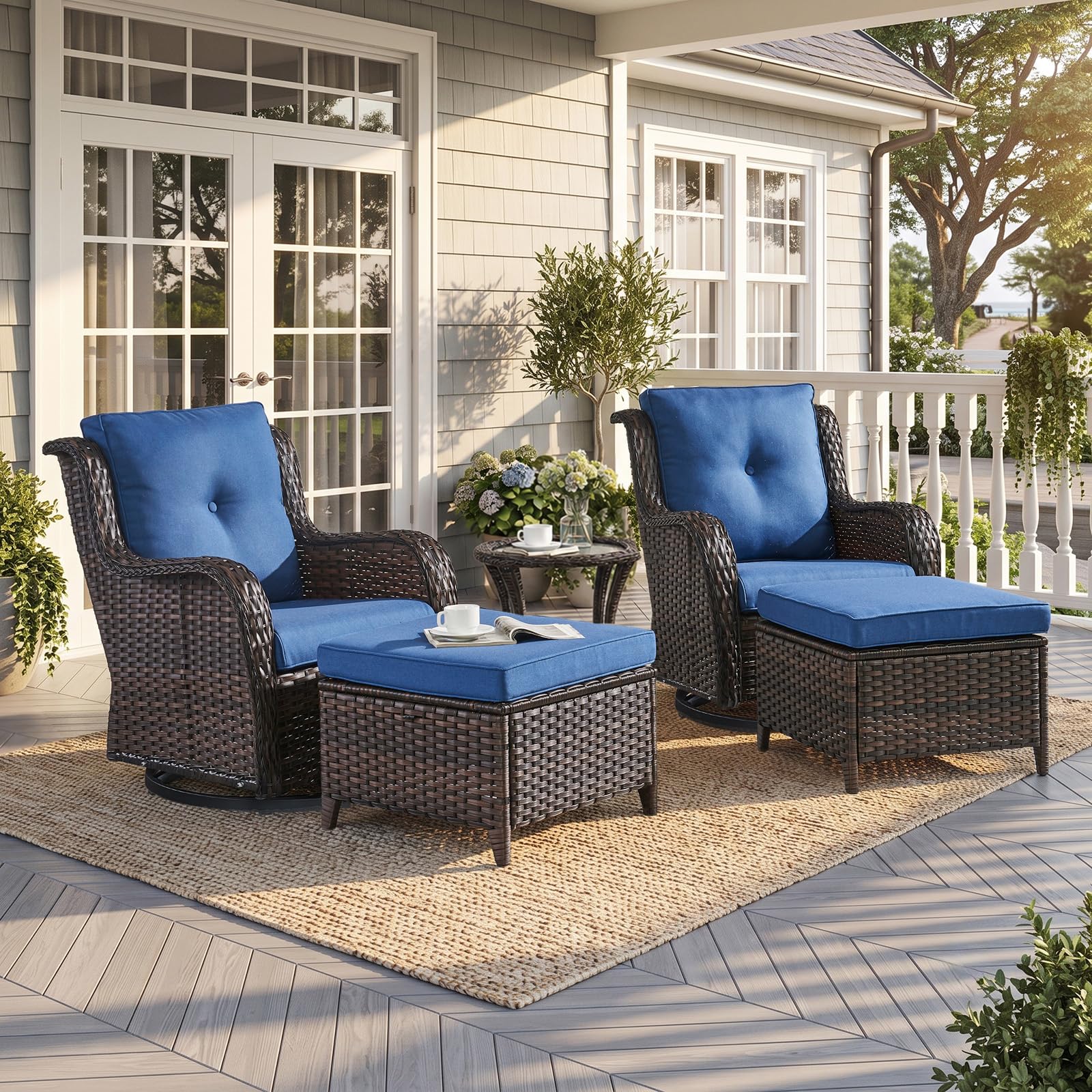 Outdoor Brown Wicker Patio Furniture Set of 5 with Ottomans, Blue Cushions