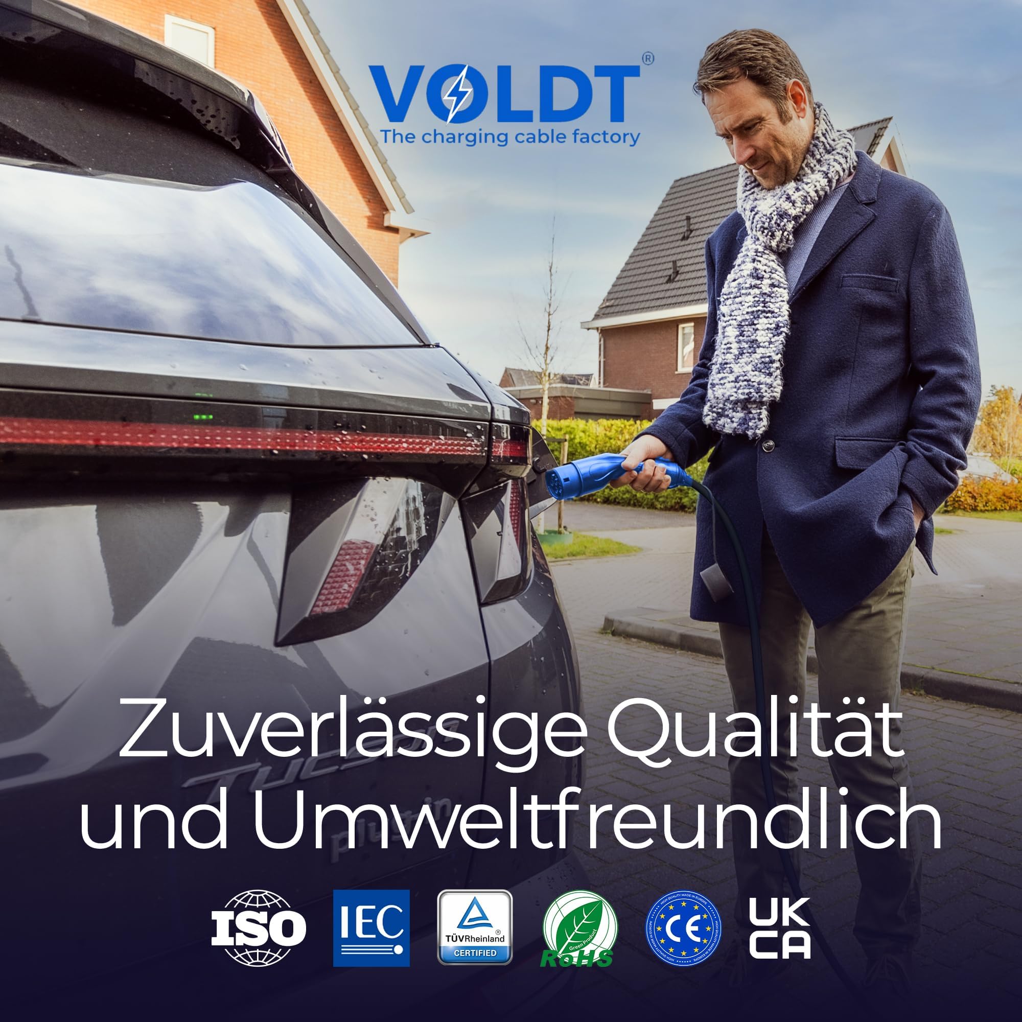 VOLDT Kabel do ładowania typu 2 11 kW, ładowarka z wtyczką CEE, 8 A - 16 A, trójfazowa mobilna stacja ładująca Wallbox z wyświetlaczem do pojazdów elektrycznych IP69, TÜV, ochrona CE, przenośna