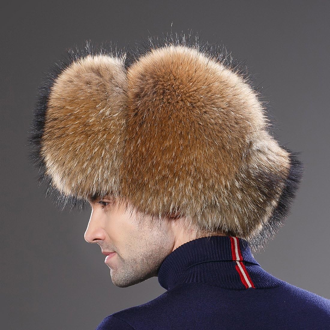 URSFUR Winter Men Hat Real Fox Russian Ushanka Trapper Cap