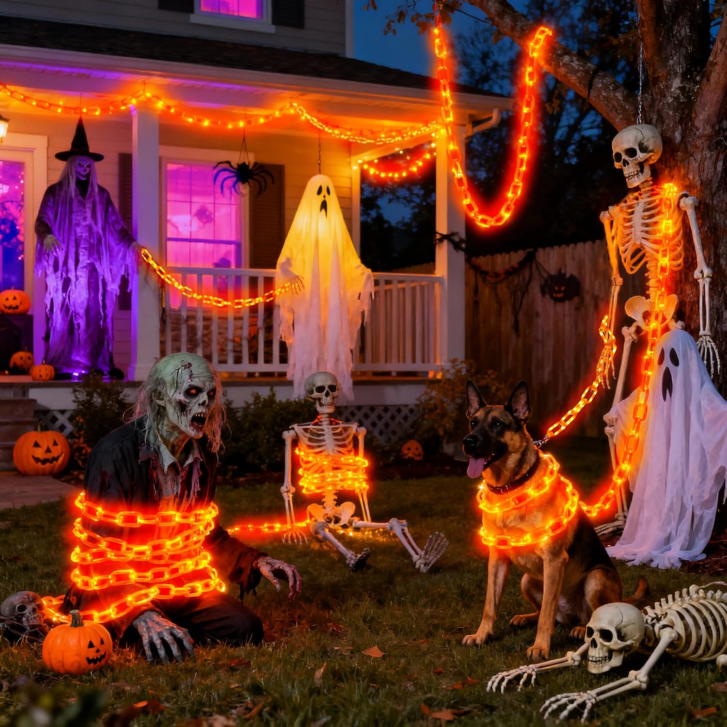 Halloween Decoration Solar Light String,6.6FT, 100 LED Orange Chain Lights. IP44 Waterproof, 8 Lighting Modes. Perfect For Horror Costume Accessories, Haunted House Courtyards & Halloween Party Decor.