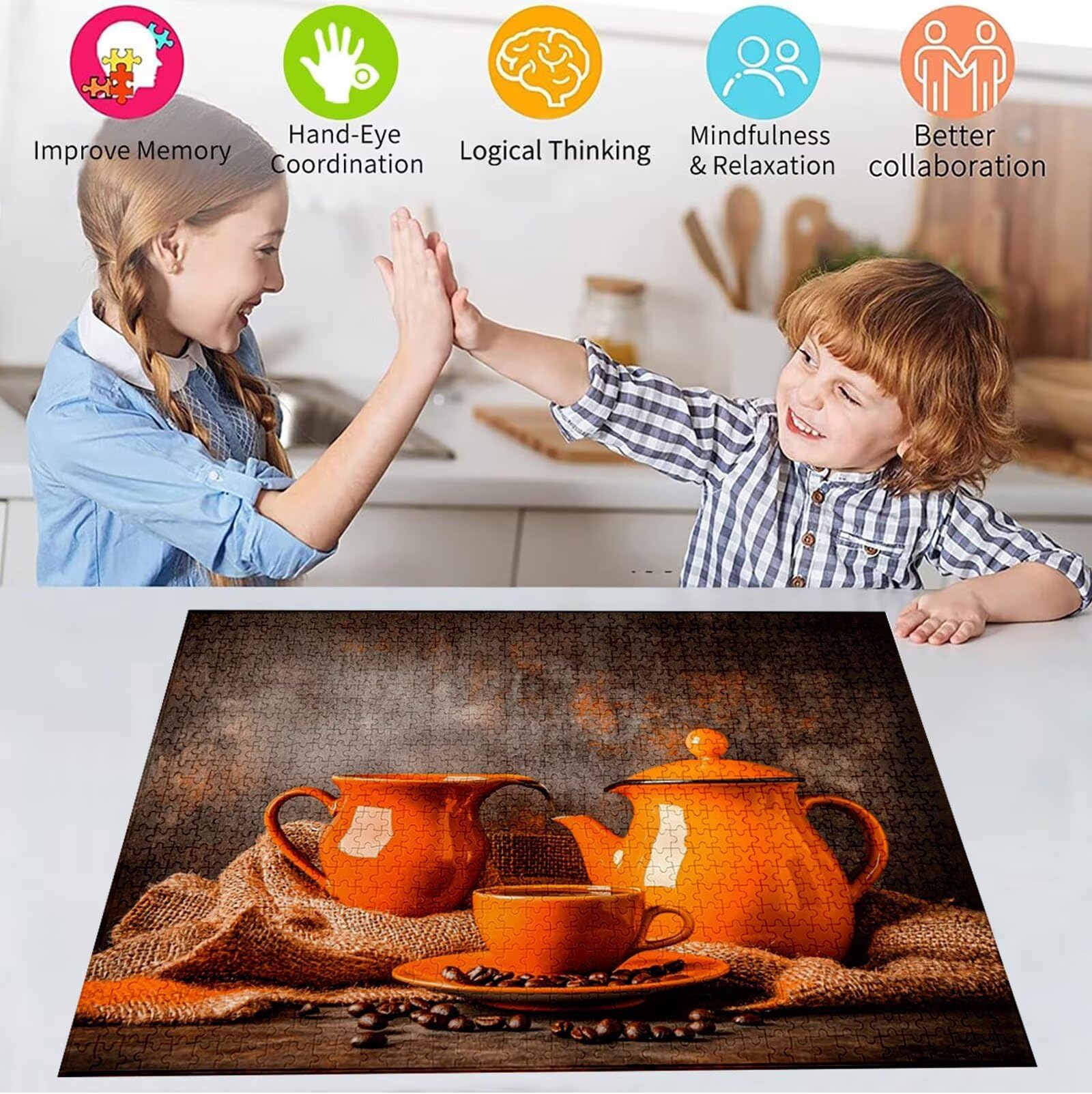 Puzzle Kawa Puzzle 1500 sztuk Jigsaw Dorośli DIY Klasyczna gra, Puzzle w kształcie kubka kawy, gry relaksacyjne i inteligencja dla chłopców 87 x 57 cm/1500 sztuk z drewnianym pudełkiem upominkowym H