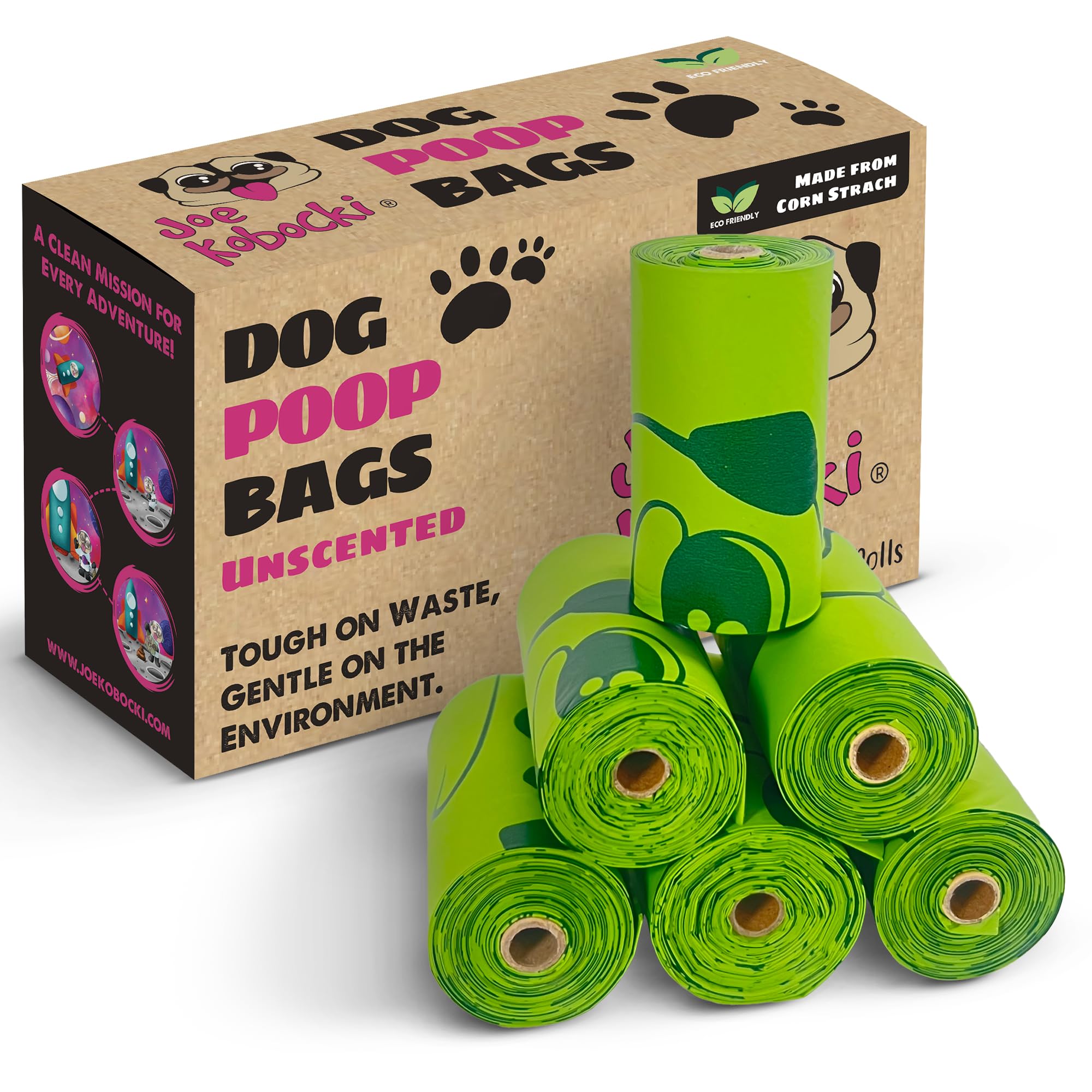 Joe Kobocki Dog Poop Bags – Extra Strong, Leak-Proof, Unscented, 360 Count (24 Rolls), 9x13 Inches, Corn Starch-Based