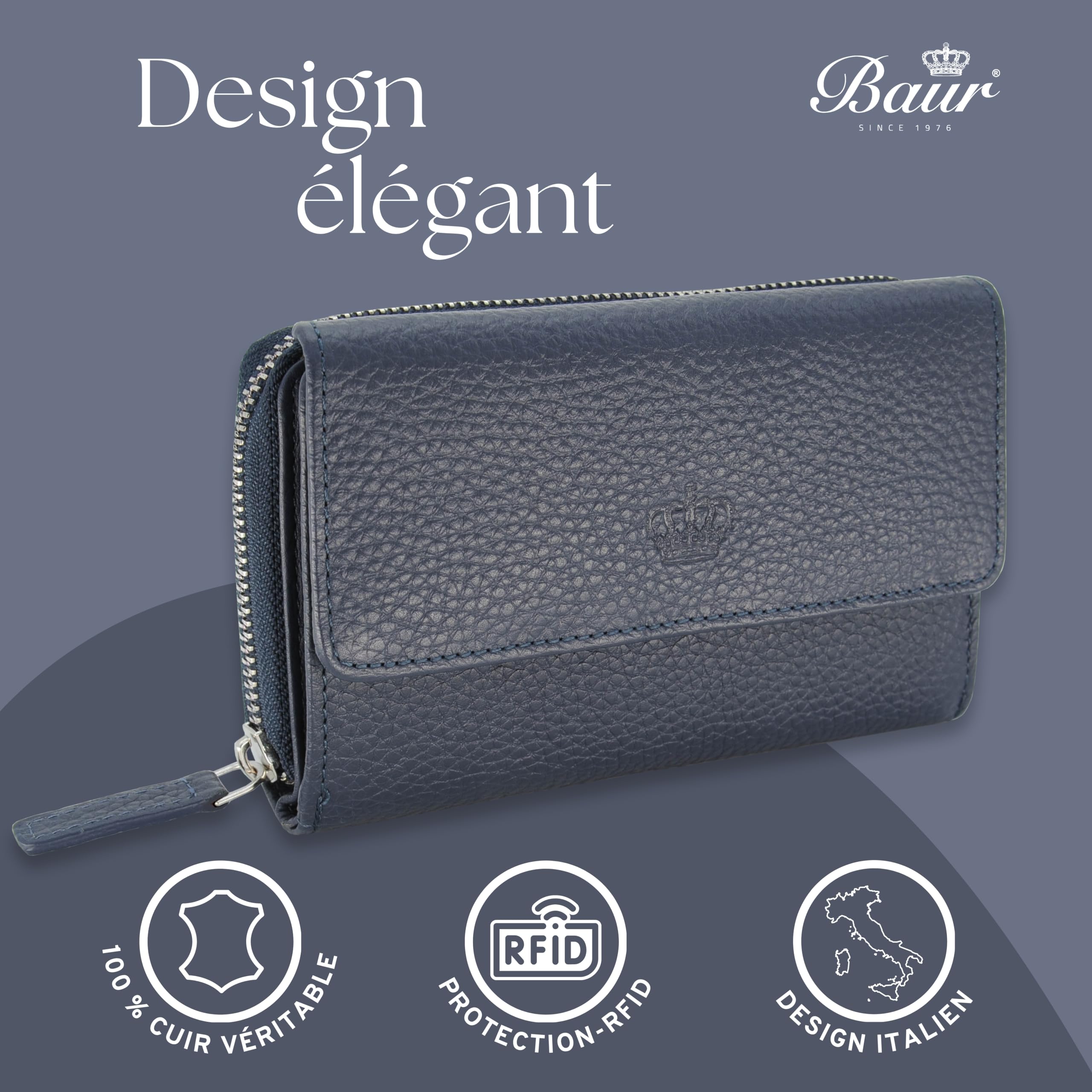 Baur Portefeuille Femme en Cuir véritable avec Protection RFID – Grand Porte-Monnaie avec 14 emplacements pour Cartes – Fermeture à Bouton-Pression et Compartiment Monnaie zippé (Bleu foncé)