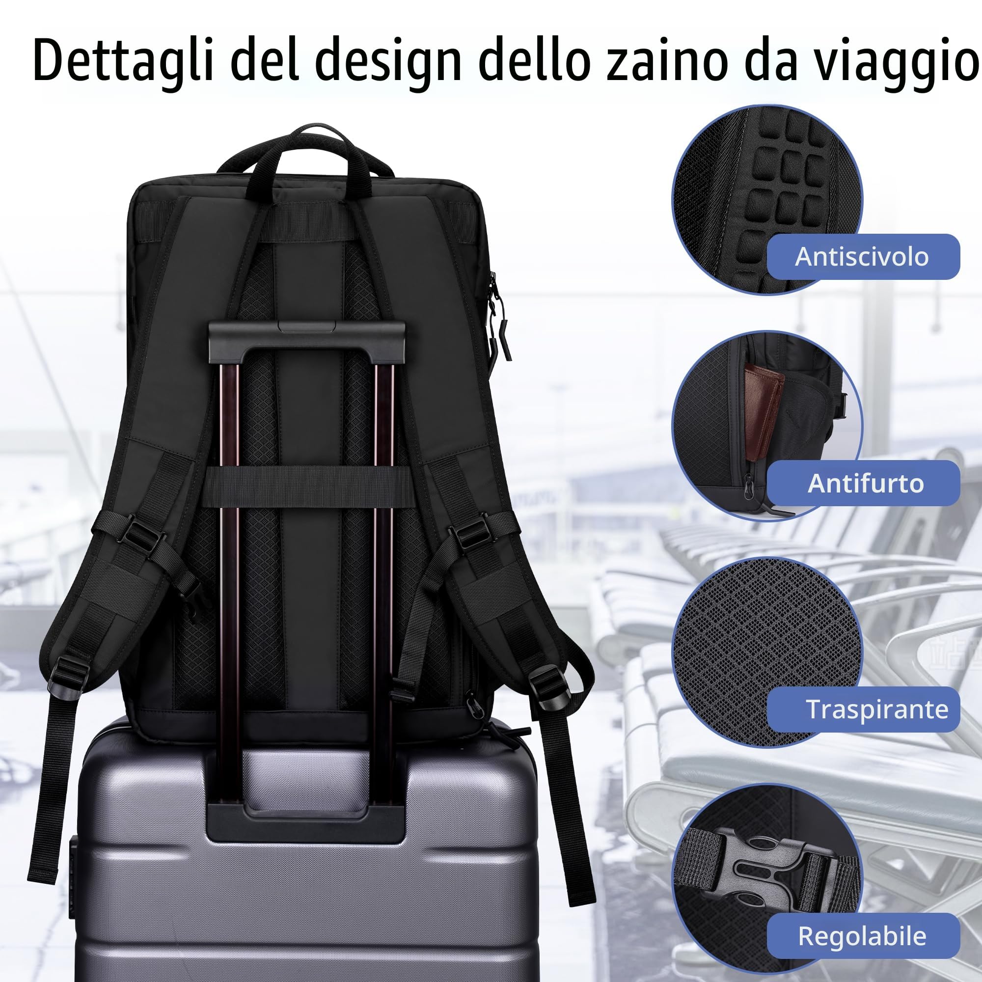 HOMIEE Zaino da Viaggio 40L Grande Zaino Bagaglio a Mano con Scomparto per Scarpe Resistente All'acqua Zaini Porta PC 17,3 Pollici con Porta USB Zaini Aereo Omologato per il Volo