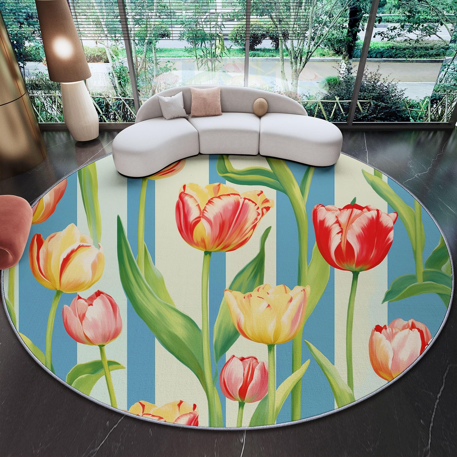 Okrągły flanelowy dywan 120 cm, nadrukowany ręcznie rysowane delikatne tulipany kwiatowe, różowe miękkie i wygodne antypoślizgowe dekoracje domu do sypialni, salonu