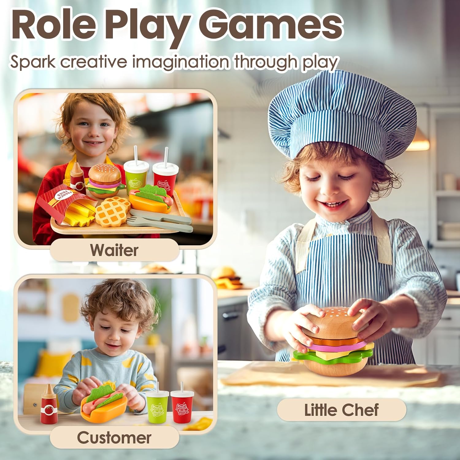BUYGER Play Food Sets for Kids Kitchen, Wooden Fast Food Hamburger Play Set, Pretend Play Kitchen Accessories Toy Food Gifts for Ages 3 4 5 Years Old Toddler Kids Boys Girls