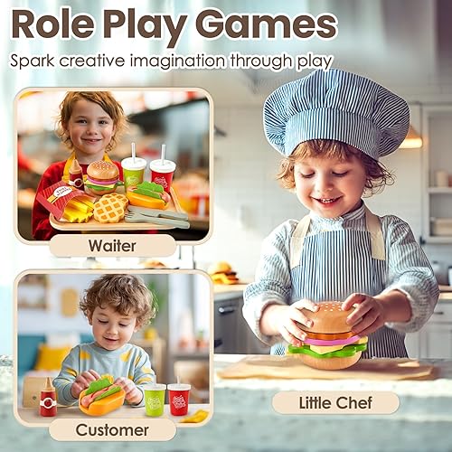Miniatura 4 de BUYGER Juego de comida de madera para juegos de simulación para niños de 3, 4 y 5 años de edad, hamburguesas, hamburguesas, accesorios de cocina,