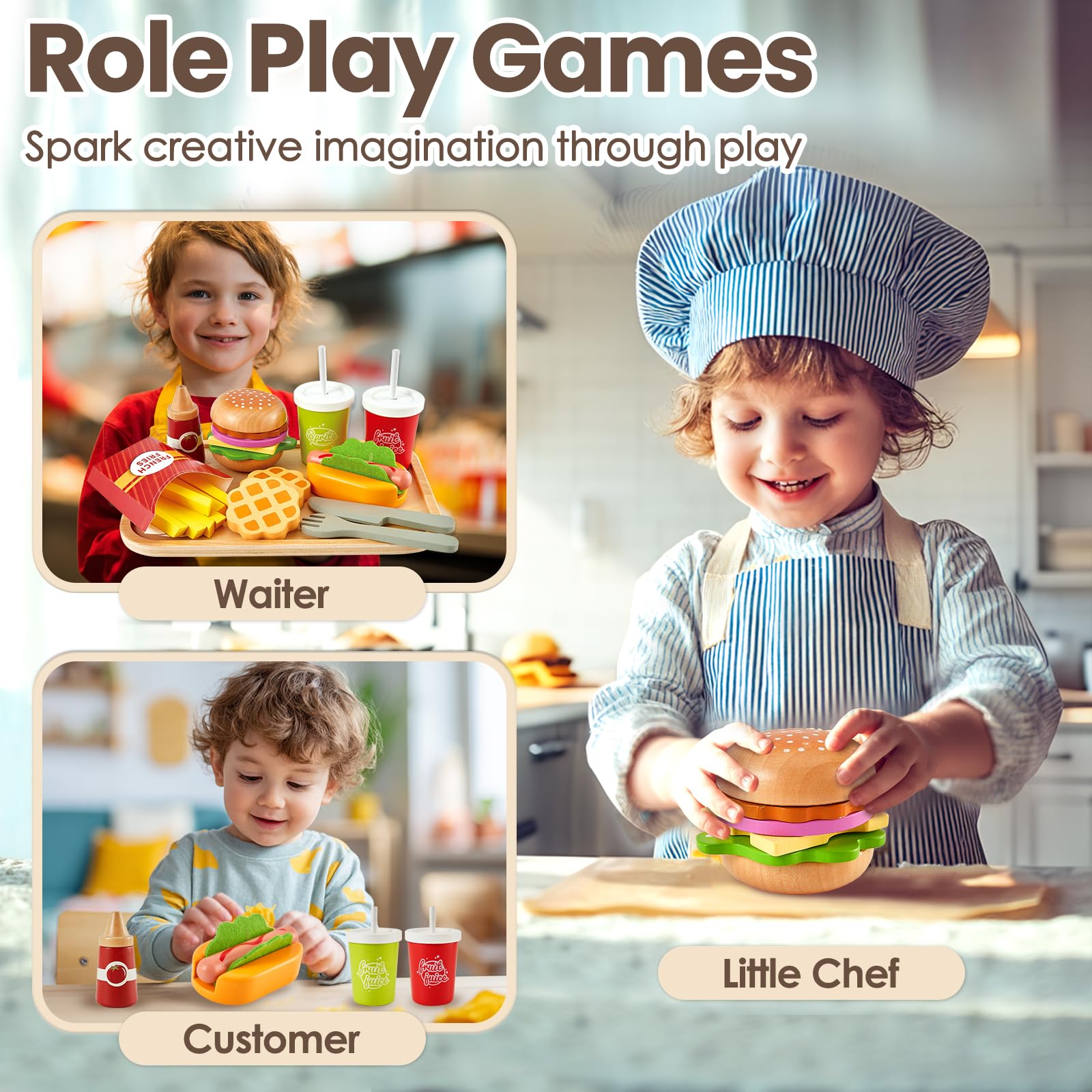 BUYGER Giochi Cucina Legno Giocattoli per Bambini 3 + Anni, Hamburger Hotdog Cibo Finto Giocattoli, Accessori Cucina Bambini, Regalo Compleanno per Ragazzo Ragazza 3 4 5 Anni