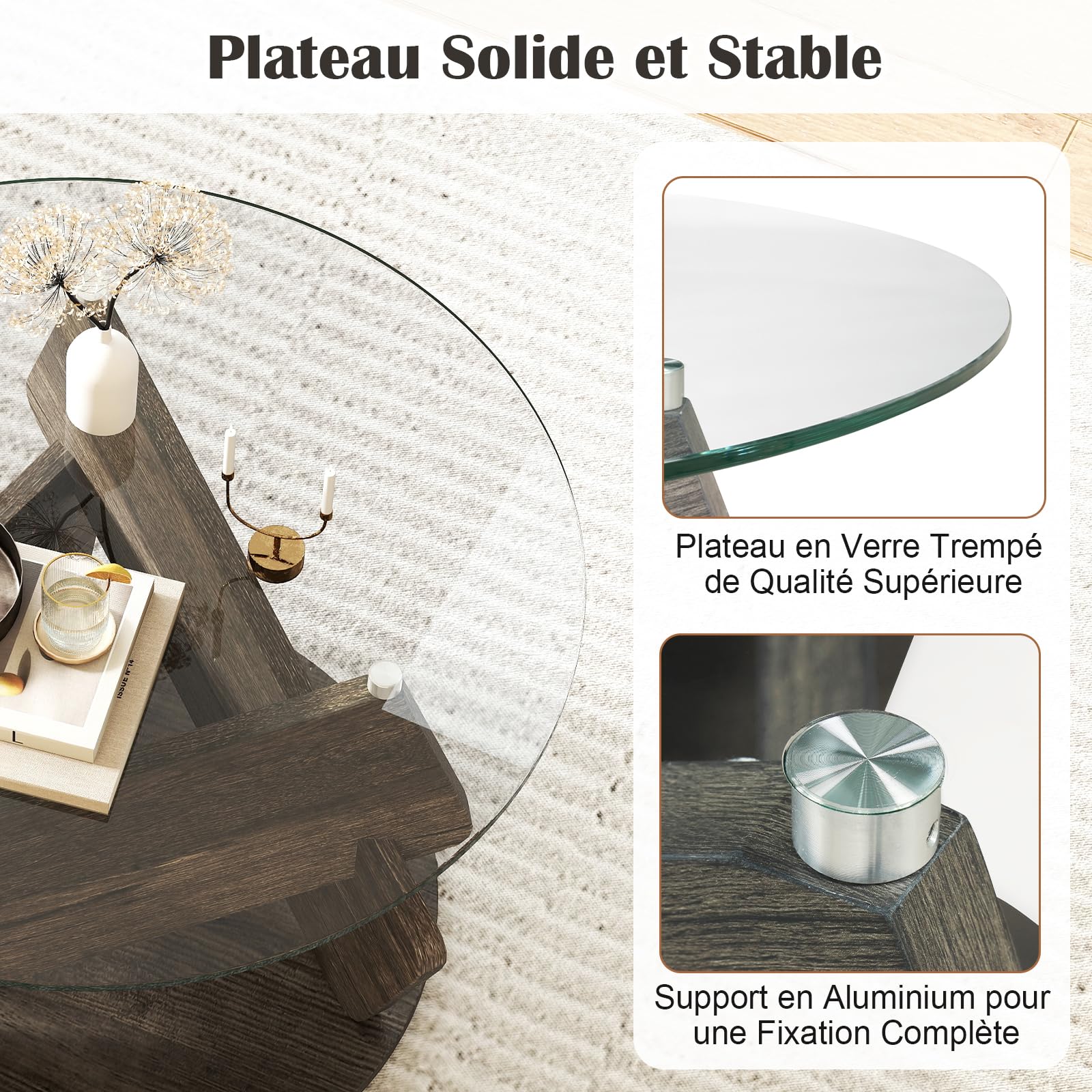 COSTWAY Table Basse Ronde en Verre, 81x 81 cm, Base en Caoutchouc, Style Rustique, Table de Salon pour Petit Espace, Bureau