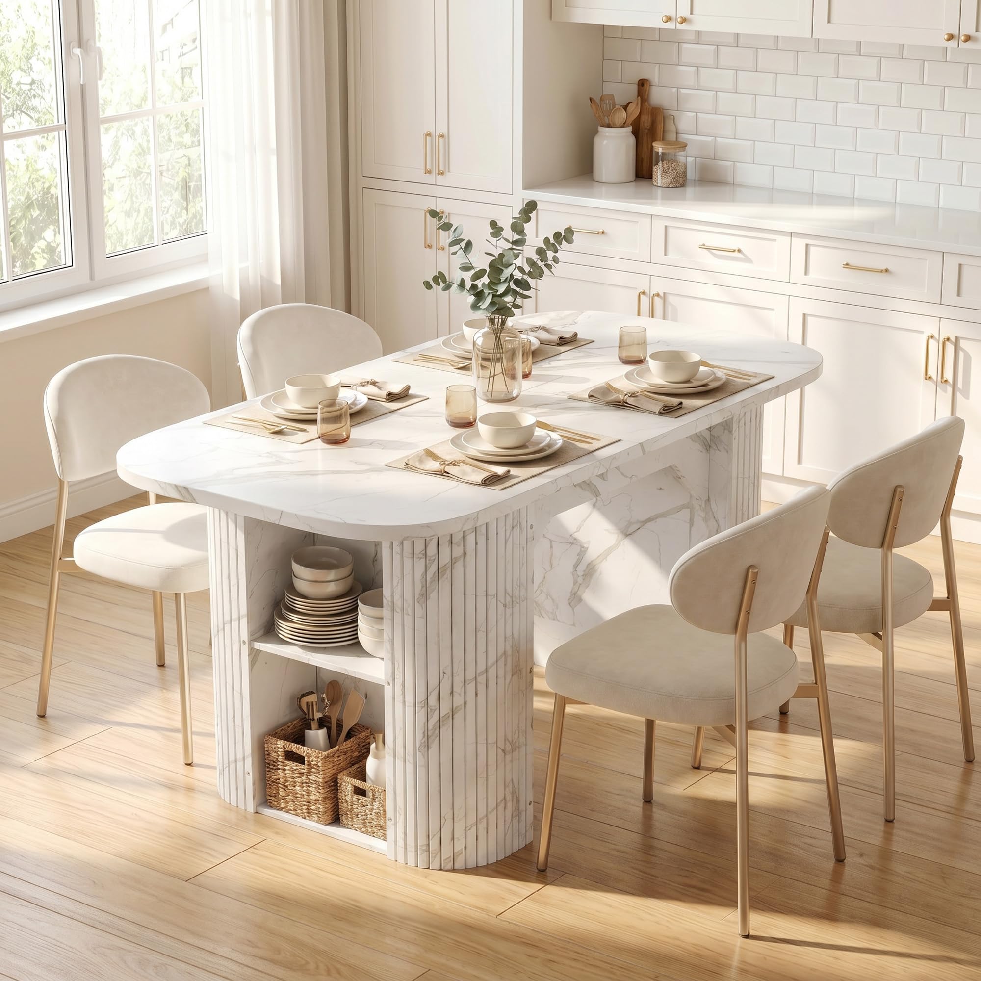 ROCSUMOO Extendable Dining Table 120-160cm with Storage, Wooden Kitchen Dining Table, Expandable Table for Dining Room, Living Room & Home, Seats 4-6 People, Marble