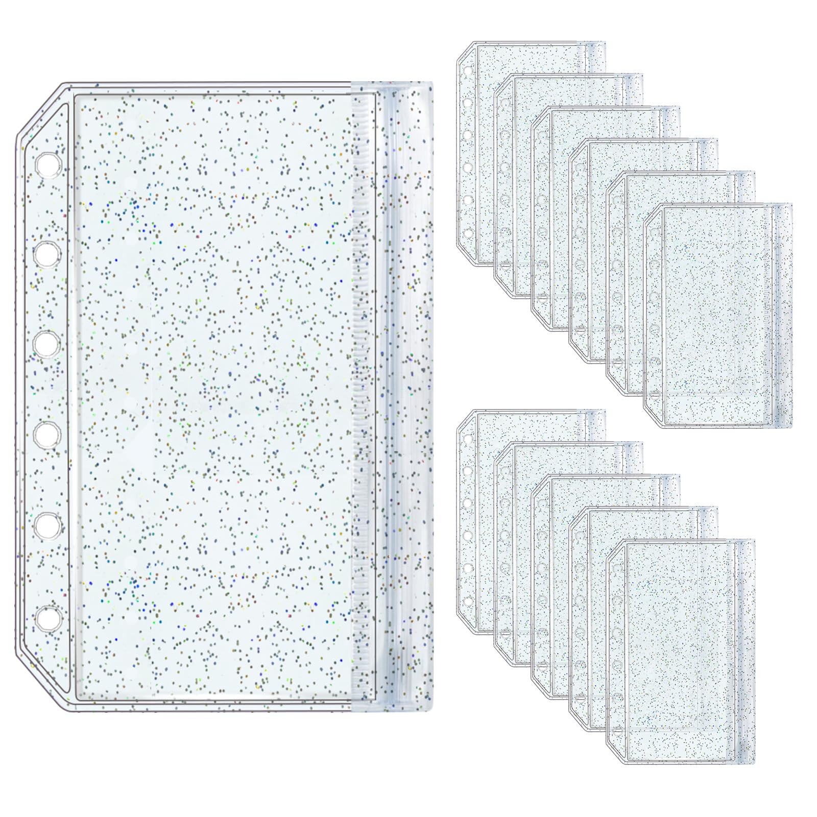 12pcs A7 Binder Pockets Cash Stuffing Envelopes Clear Glitter PVC 6 Hole Flat Sealing Double Pocket Zipper Pouches for 6 Ring Binder Planner (A7)