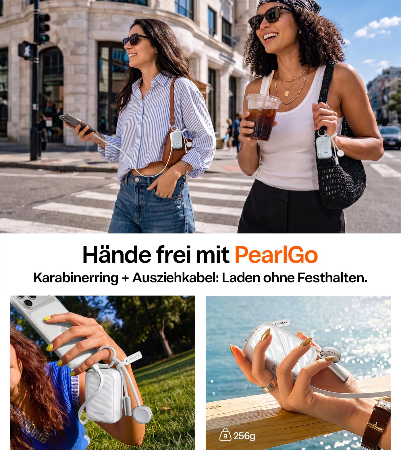 TORRAS PearlGo Powerbank 10000mAh, Kleine Powerbank mit Kabel, Perlweiß | 45W Schnellladen, 70 cm USB-C Einziehkabel mit Karabiner, für iPhone und Apple Watch, ideal für Reisen, Pendeln und Shopping