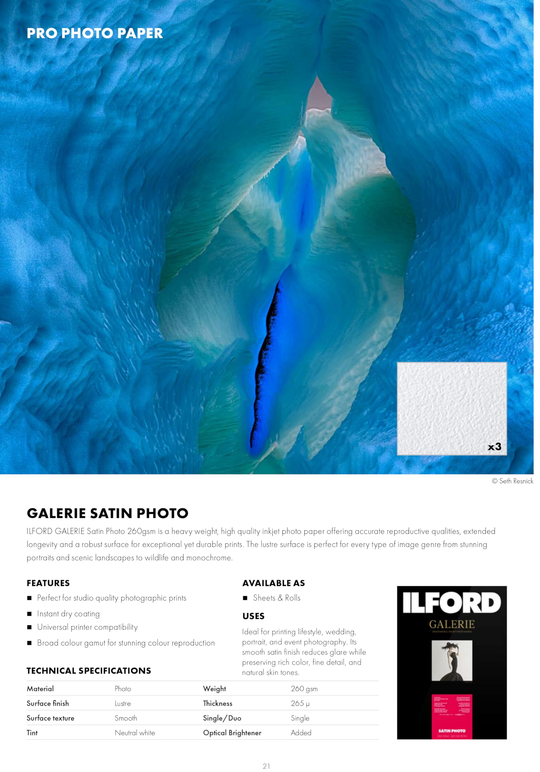 Ilford Galerie Lustre Satiné Feuilles de Papier Photographique, 260g, A3+, 25 Feuilles