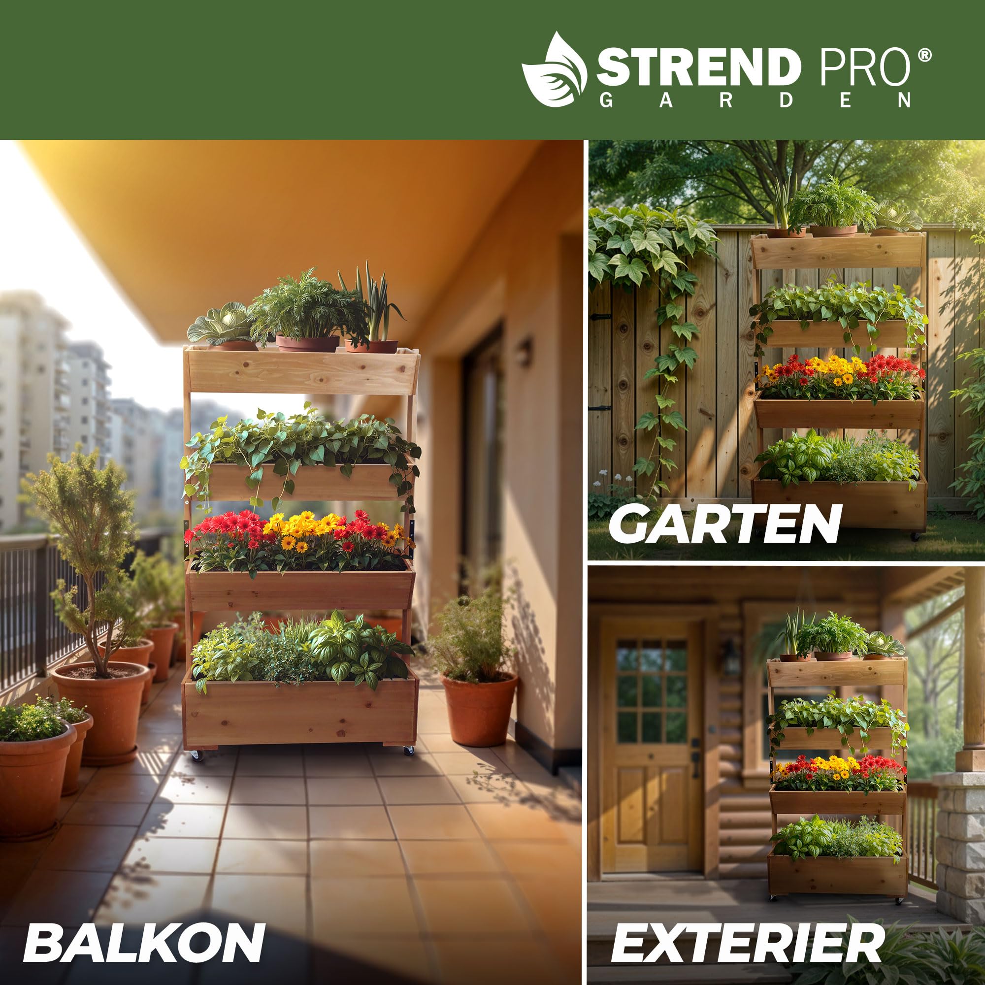 STREND PRO Balkon Hochbeet 4 Etagen Holz | 147x85x45cm (HxBxT) | Wetterfestes Vertikalbeet Pflanzentreppe Outdoor | Kräuterbeet Balkon für Blumen, Kräuter & Gemüse – für Terrasse, Garten
