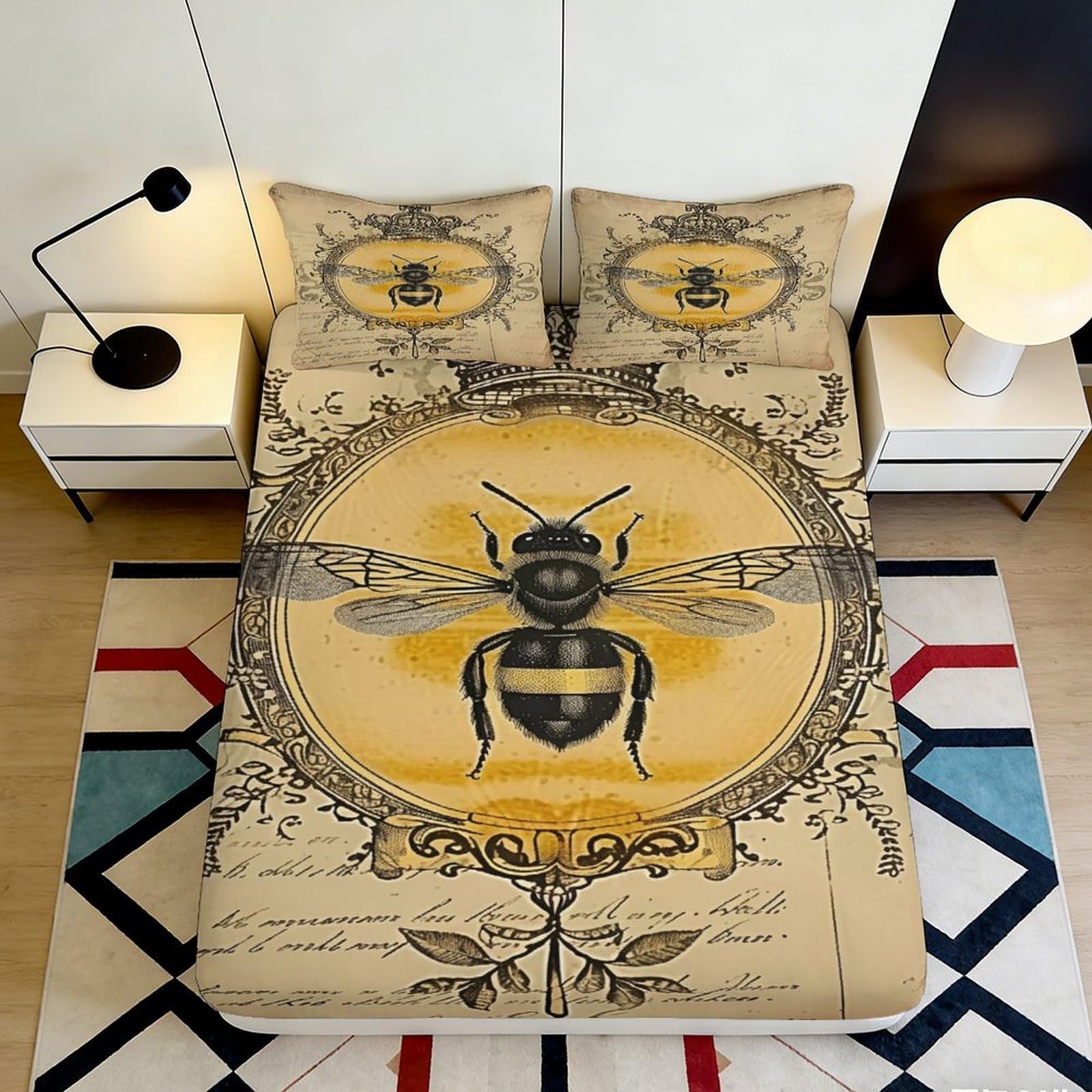 3D Printed Vintage Bee Fitted Sheet Microfiber Non-Slip Deep Pocket Bedroom Bee Mattress Fitted Cover Full Wrap Washable for Adults Teens 140x200x25cm