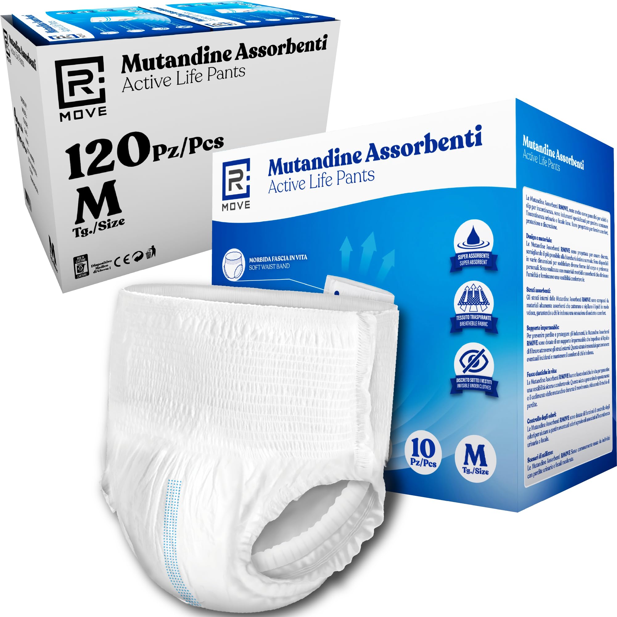 R MOVE 120 mutande incontinenza uomo e donna assorbenti taglia M, pannoloni a mutandina unisex, mutandine adulto anziani, mutanda per adulti massima libertà di movimento (12 Confezioni, M)