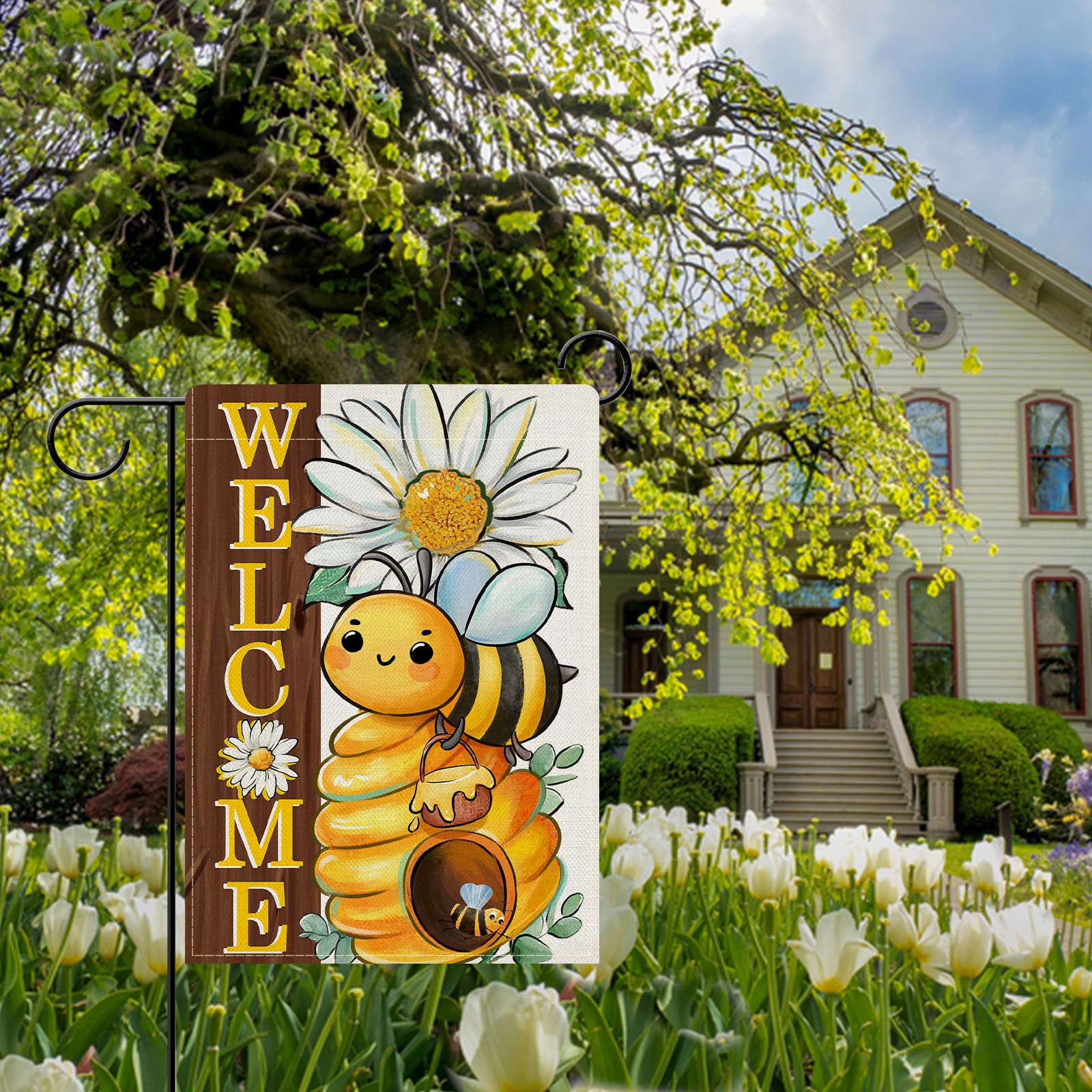 Dyrenson Gartenflagge – Frühlingsmotiv Mit Hummel & Gänseblümchen, Doppelseitig, Wetterfest