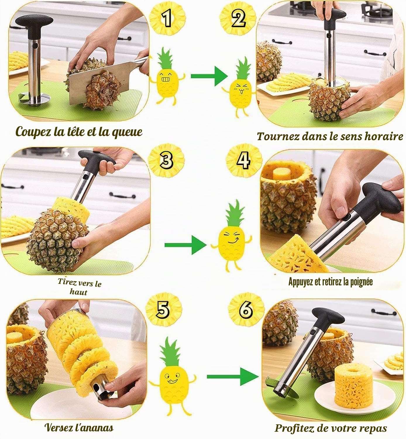 Coupe Ananas Decoupe Ananas en Acier Inoxydable, Éplucheur d'ananas, Outil pour la Maison, la Cuisine, avec Lame Tranchante pour les Anneaux de Fruits Coupés en Cubes