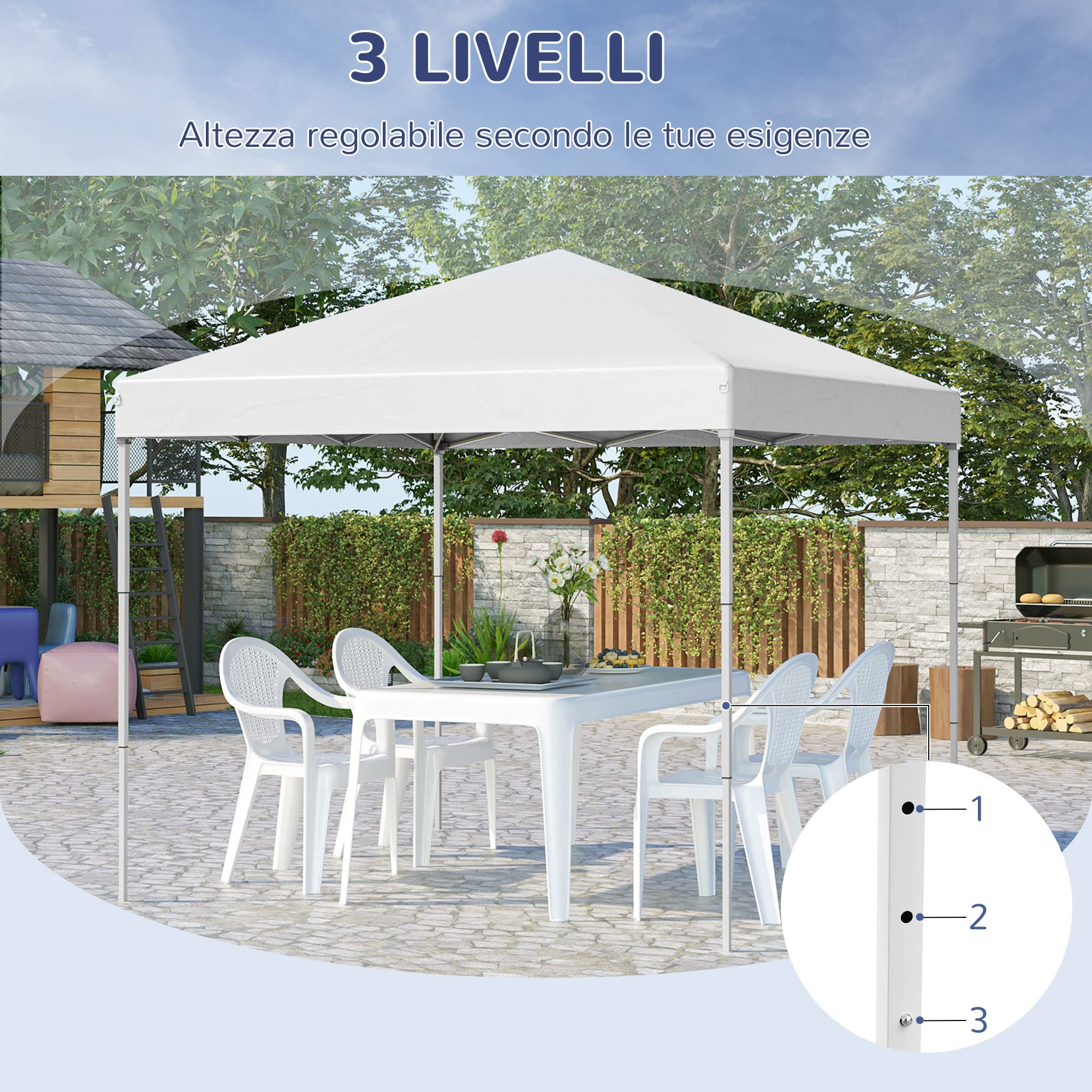 Outsunny Gazebo Pieghevole 2.5x2.5 m Pop Up con Borsa da Trasporto Bianco | 8 Fori di Drenaggio, Gazebo da Esterno, Acciaio e Oxford, Giardino, Feste