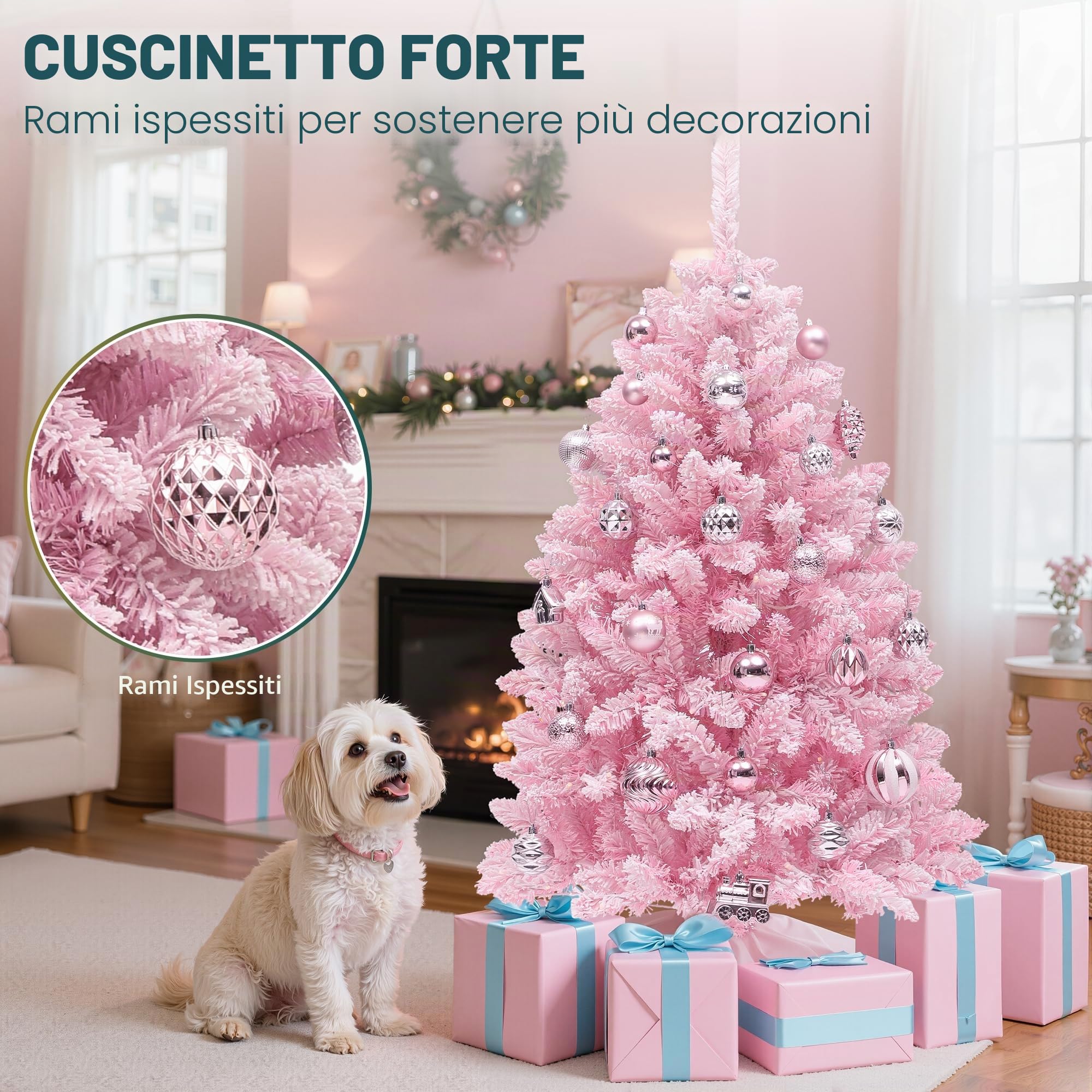 YITAHOME - Albero di Natale artificiale illuminato, ricoperto di neve rosa, albero di Natale in PVC con 400 punte imbiancate e 200 luci bianche calde per la decorazione della casa, 140 cm