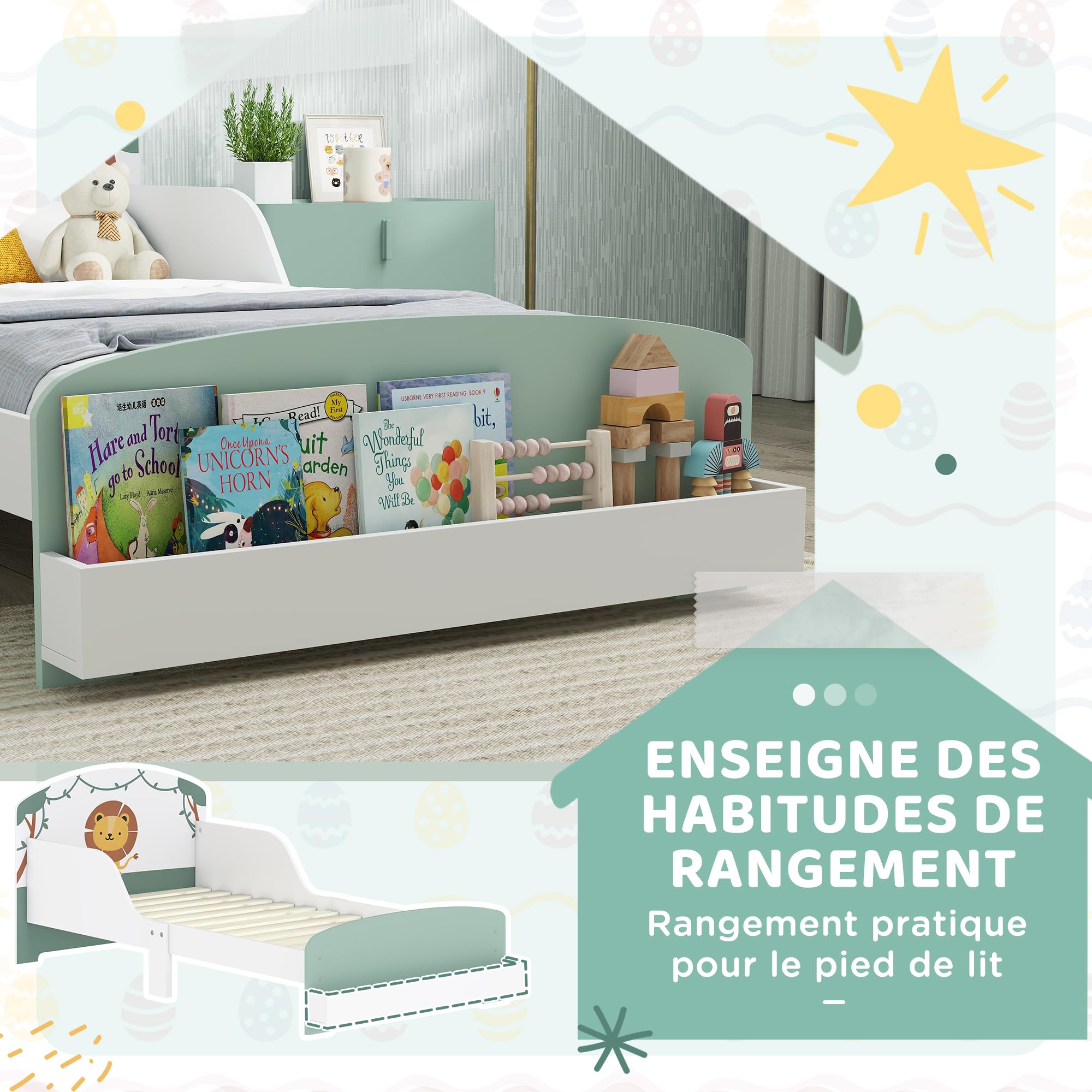 AIYAPLAY Lit Enfant 70x140cm, Lit pour Enfant avec Barrière de Sécurité et Sommier à Lattes en Bois, Espace de Rangement, Motif de Lion, pour Garçons et Filles de 3 à 8 Ans, Vert (Matelas Non Inclus)