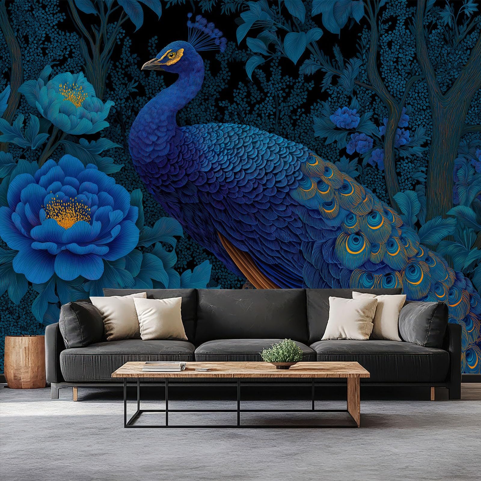 Tapeta panoramiczna Vintage Zwierzęta Paw Kwiatowy 350 cm x 256 cm Nowoczesna Ciemnoniebieska fototapeta do salonu sypialni - Tapeta ścienna XXL, Gigantyczny plakat do biura
