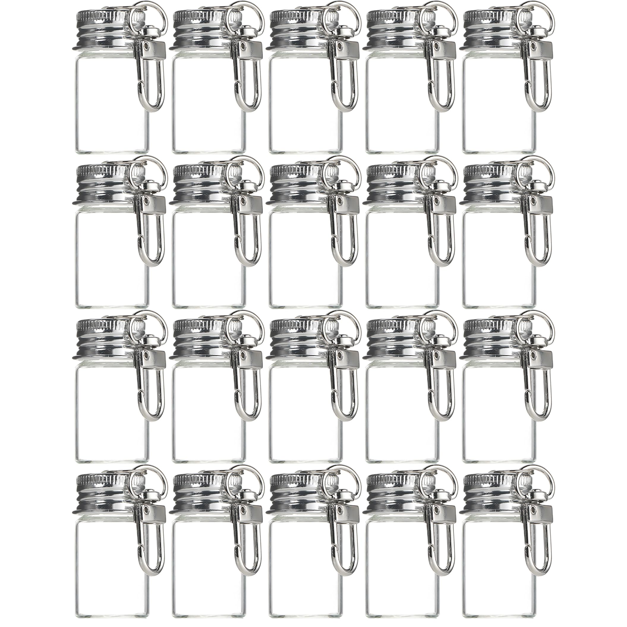 Wilafury 20Pcs Small Glass Bottle Keychains, Mini Seasoning Bottle Keychain with Aluminum Lid, Tiny Glass Wishing Jars for DIY Crafts Wedding Party Decorations