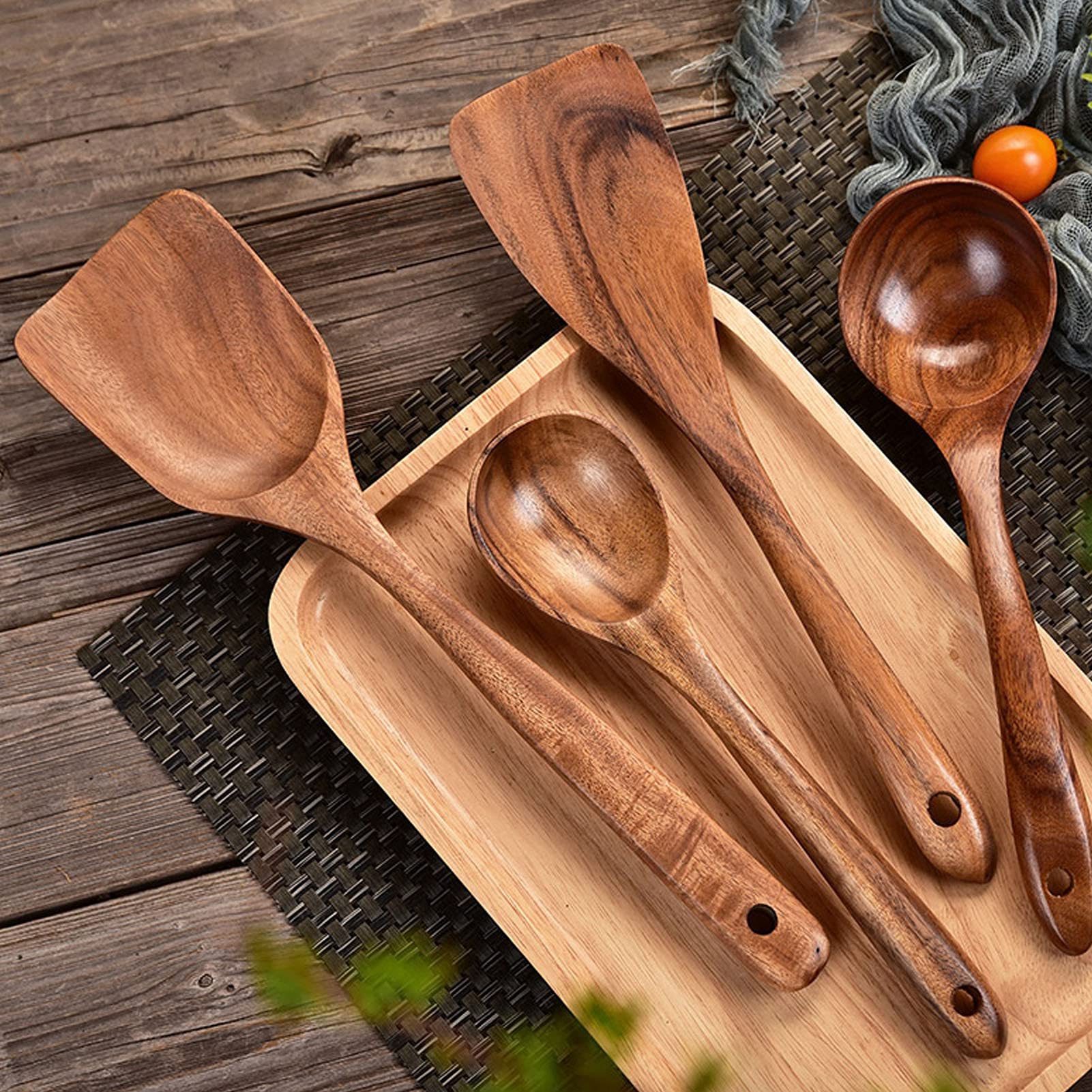 Set di Mestoli in Legno, Cucchiaio con Spatola Antiaderente con Manico Lungo, Stoviglie da Cucina, per Cucinare, Servire e Mescolare(Set da sette pezzi + cartone)
