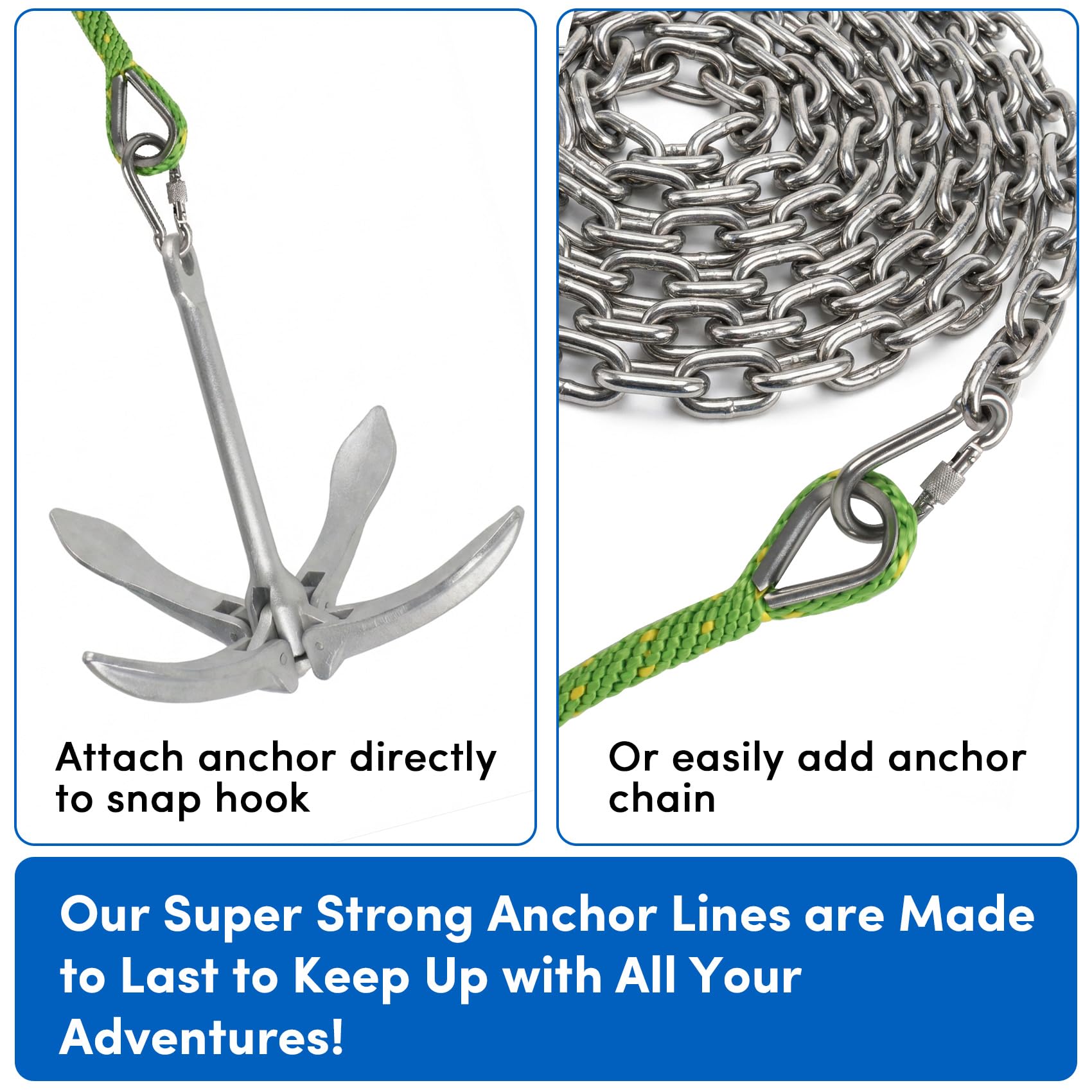 Ankerseil 1,27 cm 15,7 m, Bootsankerseil massives Geflecht MFP, Ankerleine mit 316 Edelstahl-Fingerhut und Karabinerhaken zum Abschleppen, Festmacher, Docking, Verankerung von Booten bis zu 81,3 cm